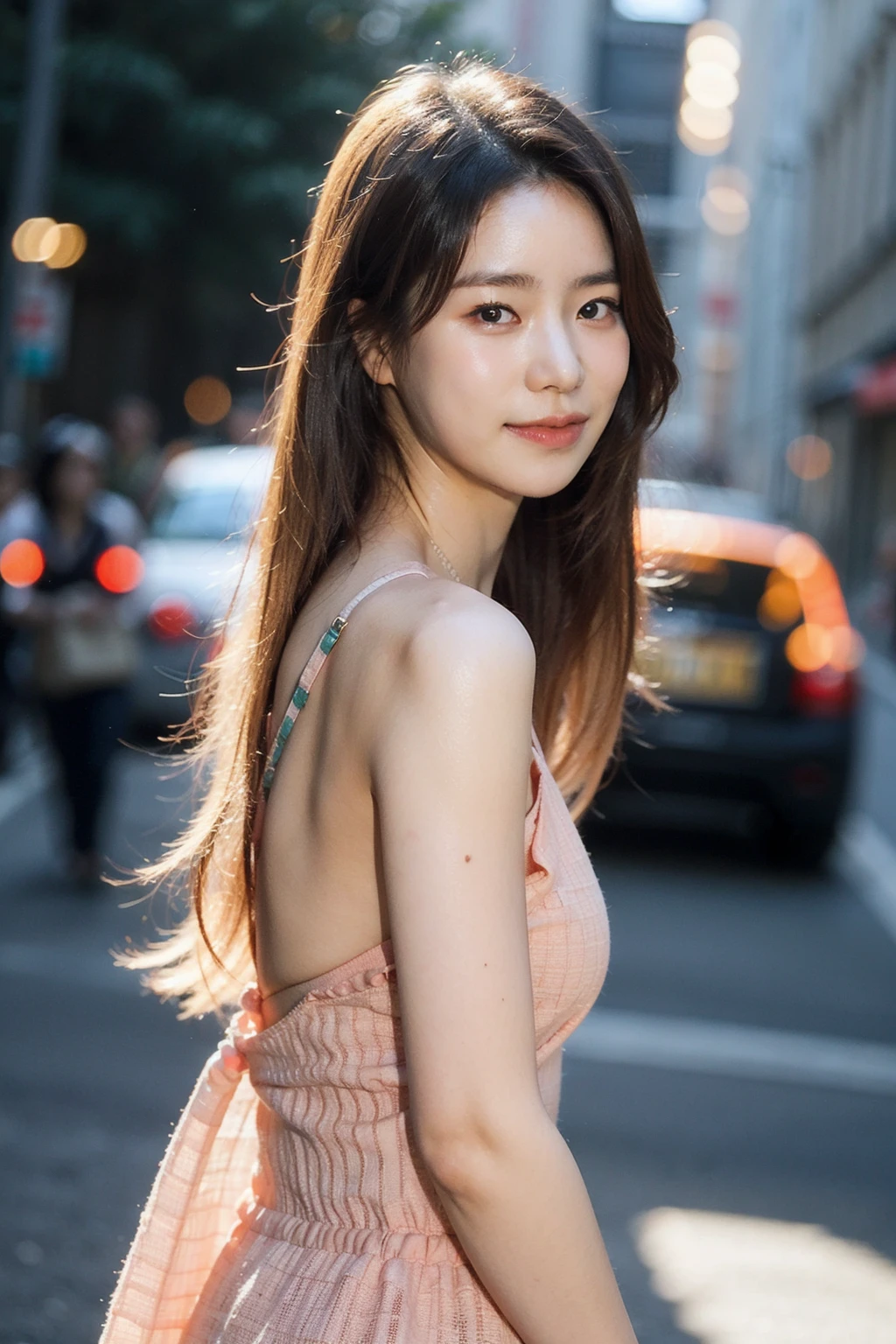 Best quality, masterpiece, ultra high res, (photorealistic), raw photo,1girl, upper body,solo, realistic, looking at viewer, long blonde hair, bokeh background, city streets,bohemian dress,   <lora:makina69_limjiyeon_v1.0:1>,, slight smile