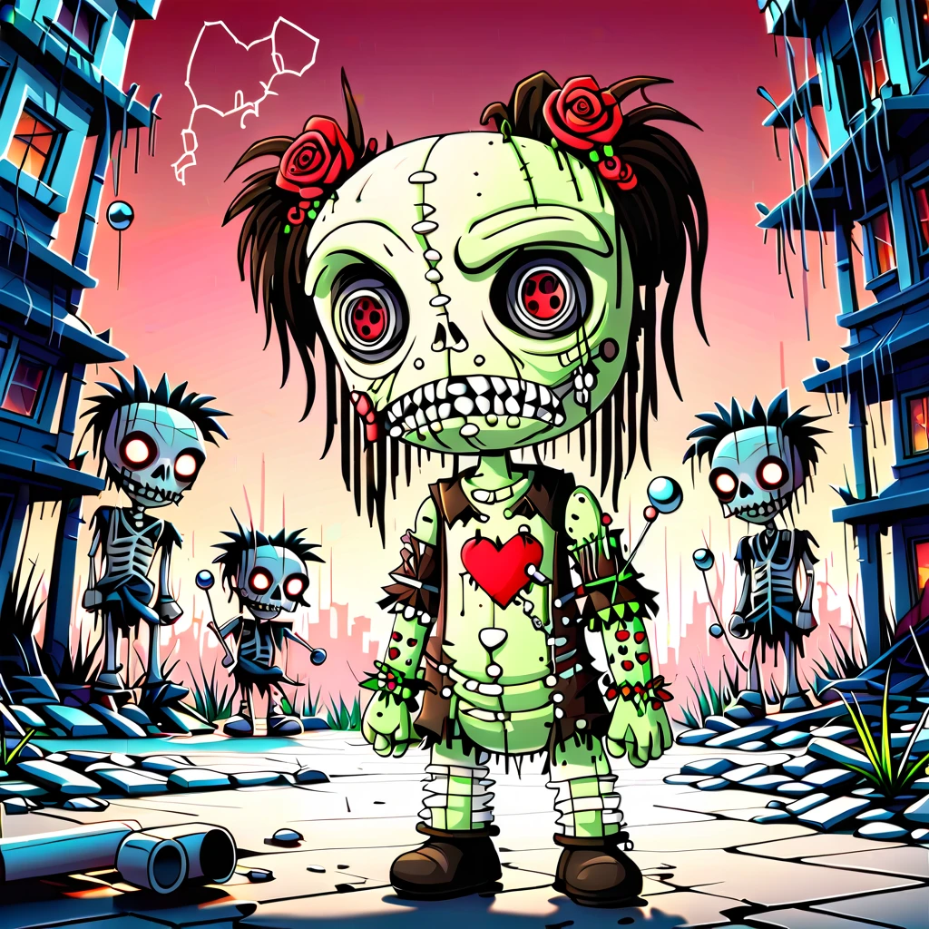 evang, realistic, torn pants, bare shoulders, android, bead bracelet, horror (theme), joints, 1boy, tongue out, tongue, outline, Cartoon voodoo chunky doll, outdoors, gradient background, no humans, nature, skull necklace, building, 1girl, top hat, short twintails, voodoo man standing in front of a glowing altar, voodoo skeleton holding a small heart balloon red rose, very dark skin