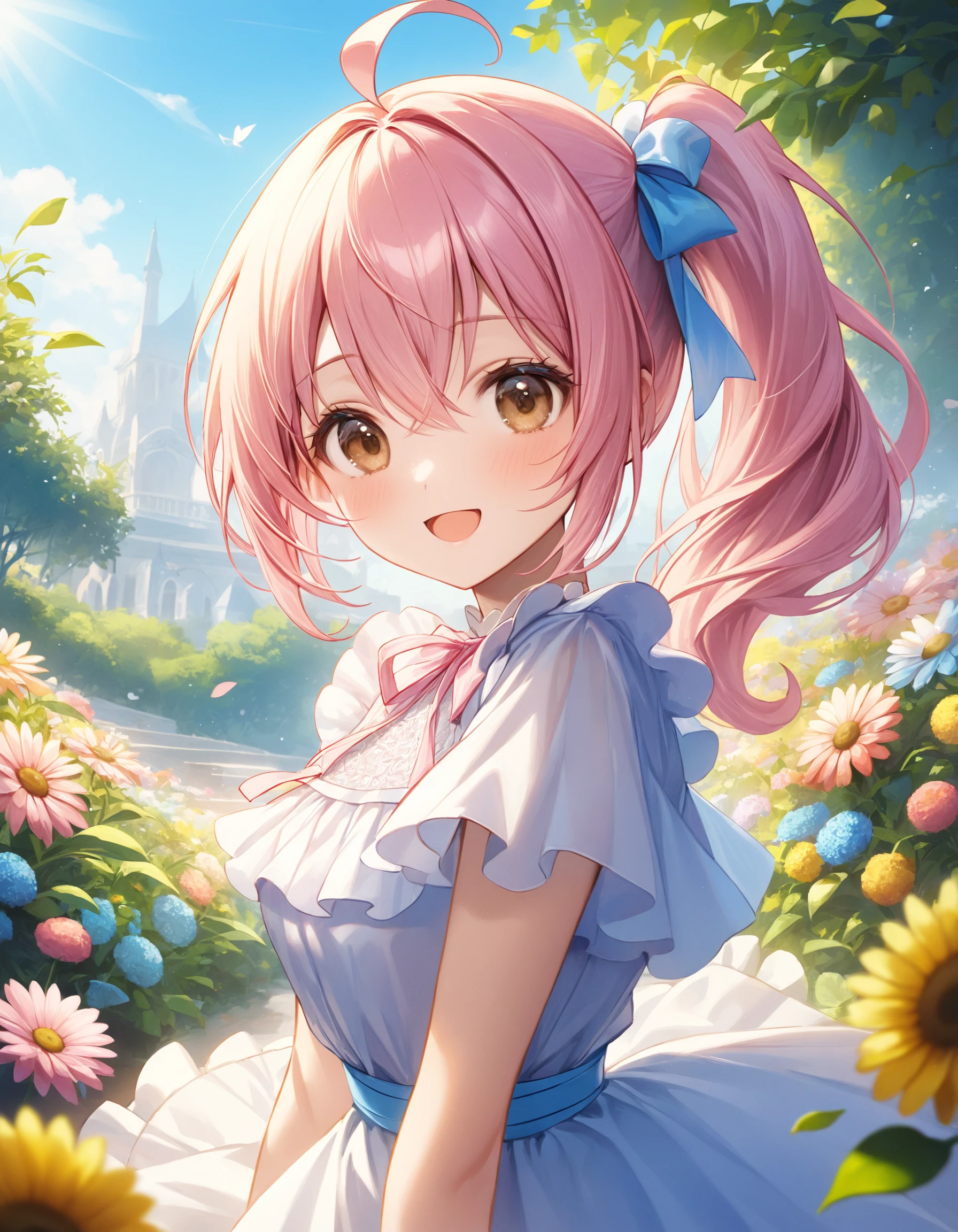 Portrait. Shooting from front. A cute girl. Round face. Detailed brown eyes. Tareme. Wavy hair, (side ponytail:1.05), pale pink hair, ahoge and hair between eyes. Detailed slender body. Medium breasts. White chiffon a-line dress, flutter short sleeves, layered ruffled skirt and ribbon waist. :D. (Contrapposto:1.1). Head tilt. Looking at viewer. Fashionable flower garden. (Blue sky view:1.1). Daytime. (Natural lighting:1.4). Aesthetic style. Cinematic style. Quality: Intricate details. Extremely detailed. Outstanding intricacies. (Masterpiece:1.2). (Best quality:1.2). (Absurdres absolutely resolution:1.4). Mood: Pastel atmosphere.