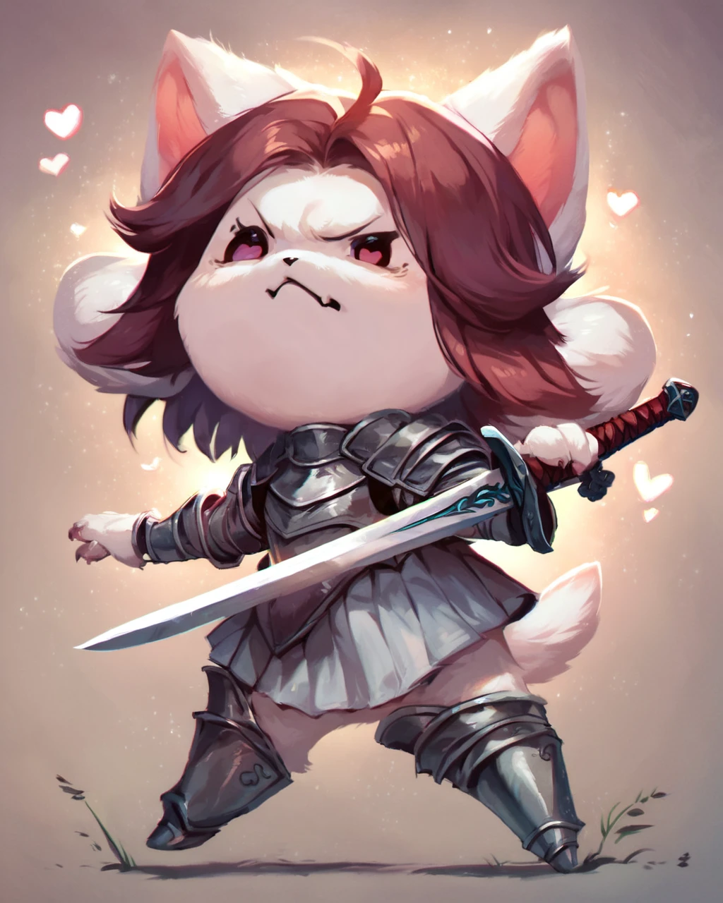 score_9, score_8_up, score_7_up, score_6_up, source_furry, rating_safe, t3mmie, hair, cute, <3, holding sword, knight, angry eyes,  <lora:Temmie:1>