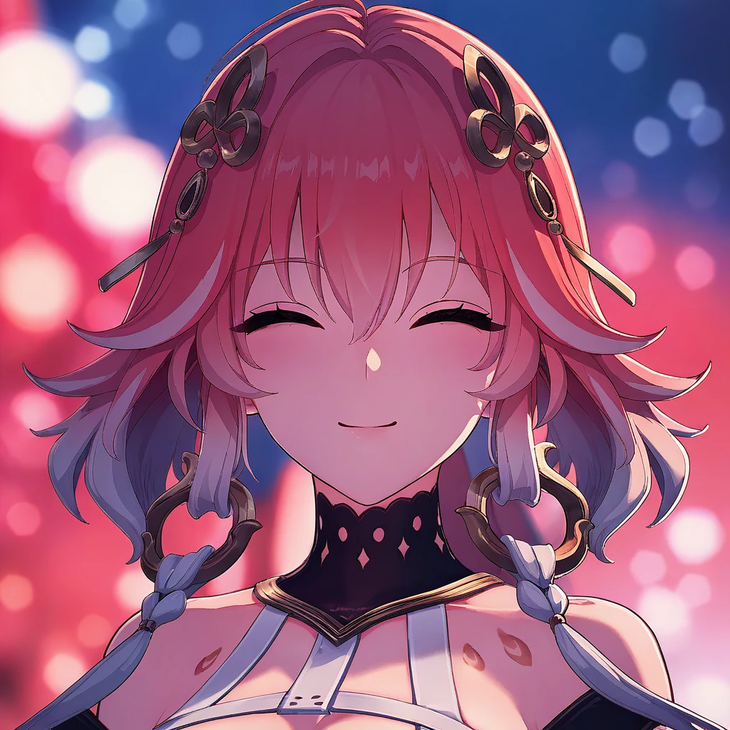 score_9, score_8_up, score_7_up,  <lora:changliWuWa-000011:0.8>changlix, 1girl, echo1 costume, hair rings, pinkk hair, golden hairband, solo, blush, warm smile, closed mouth, upper body, closed eyes, night, ^ ^, portrait, close-up, facing viewer, straight-on, blurry background, blurred bokeh, nighttime ambiance, abstract light patterns