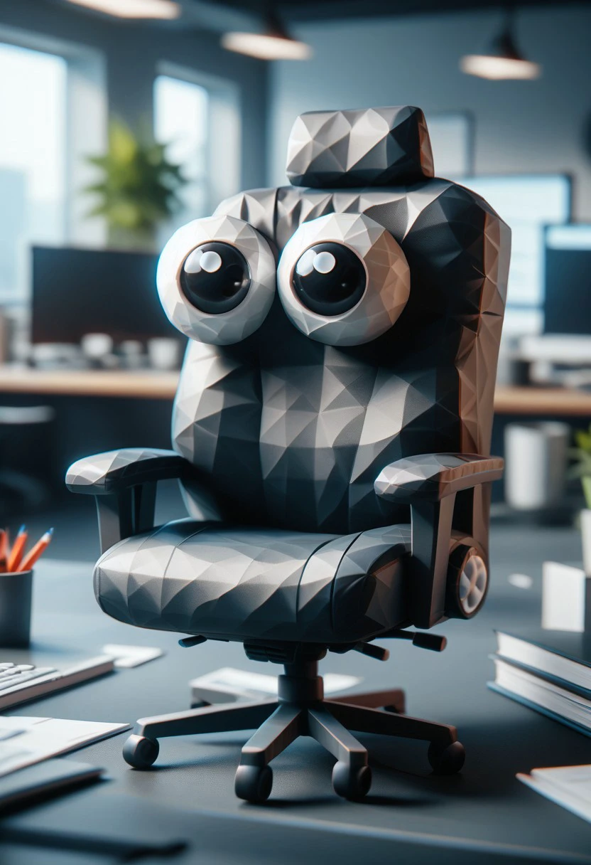 score_9, score_8_up, score_7_up, score_6_up, score_5_up, score_4_up, (r4r3style, low poly, googly eyes), office chair, office background, blurred background,