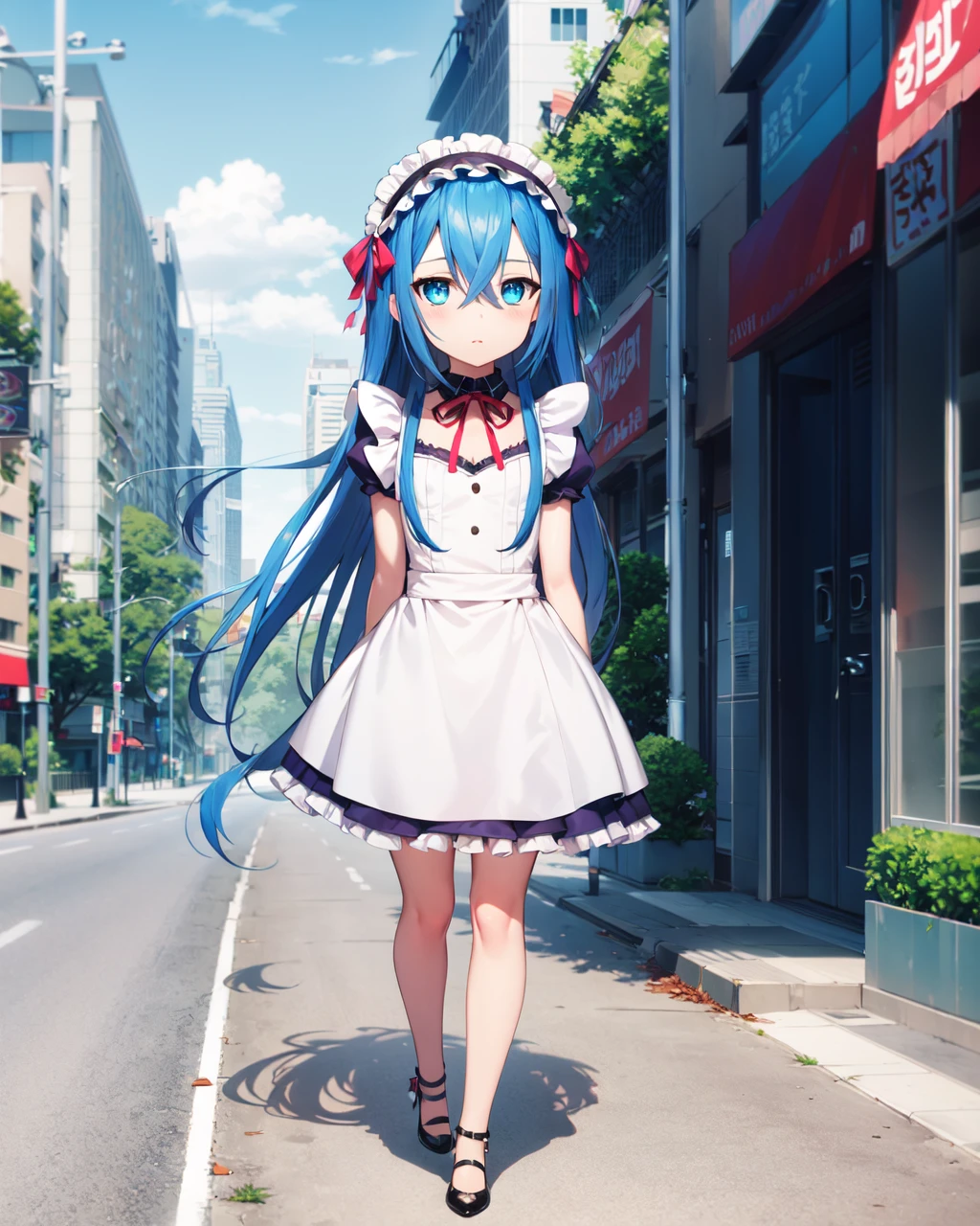 city,street,day,
astarte,1girl,solo,blue eyes,blue hair,long hair,bangs,very long hair,hair between eyes,flat chest,
maid headdress,maid,hairband,red ribbon,neck ribbon,short_sleeves,full body,mary janes,high heels,frilled dress,
looking_at_viewer,standing,<lora:Astarte:0.8>,