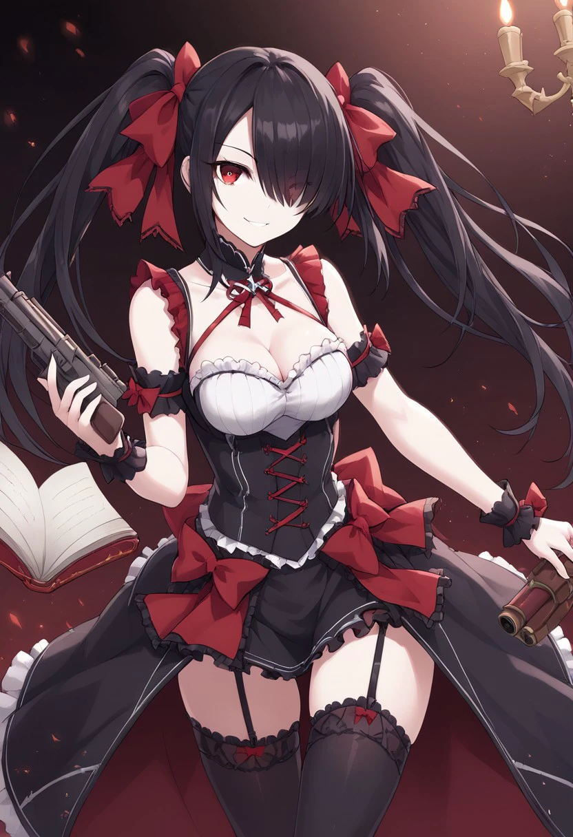 1girl, solo, red eyes, collarbone, cleavage, twintails, black hair, white skin, long hair, hair over one eye, looking a viewer, smile, arm strap, black thighhighs, book, bow, breasts, cowboy shot, frilled bow, frills, garter straps, gun, holding gun, holding weapon, ((gothic fashion:1)), medium breasts, red bow, red pupils, thighhighs, weapon,