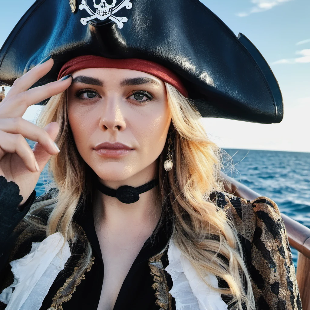 Elizabeth Olsen, Skin Texture, Instagram iPhone Portrait photo of Elizabeth Olsen wearing a pirate outfit on the open seas, Nikon Z9, (sharp focus), (high quality), <lora:multiceleb_ana_nat_em_eli_xl2_standard_merger_12_50_03_07:1>
