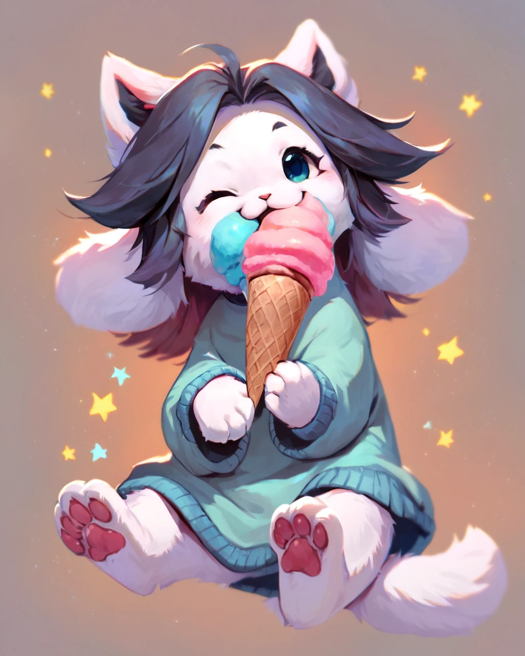 score_9, score_8_up, score_7_up, score_6_up, source_furry, rating_safe, t3mmie,  cute, eating ice cream, smiling, winking, paws,  <lora:Temmie:1>