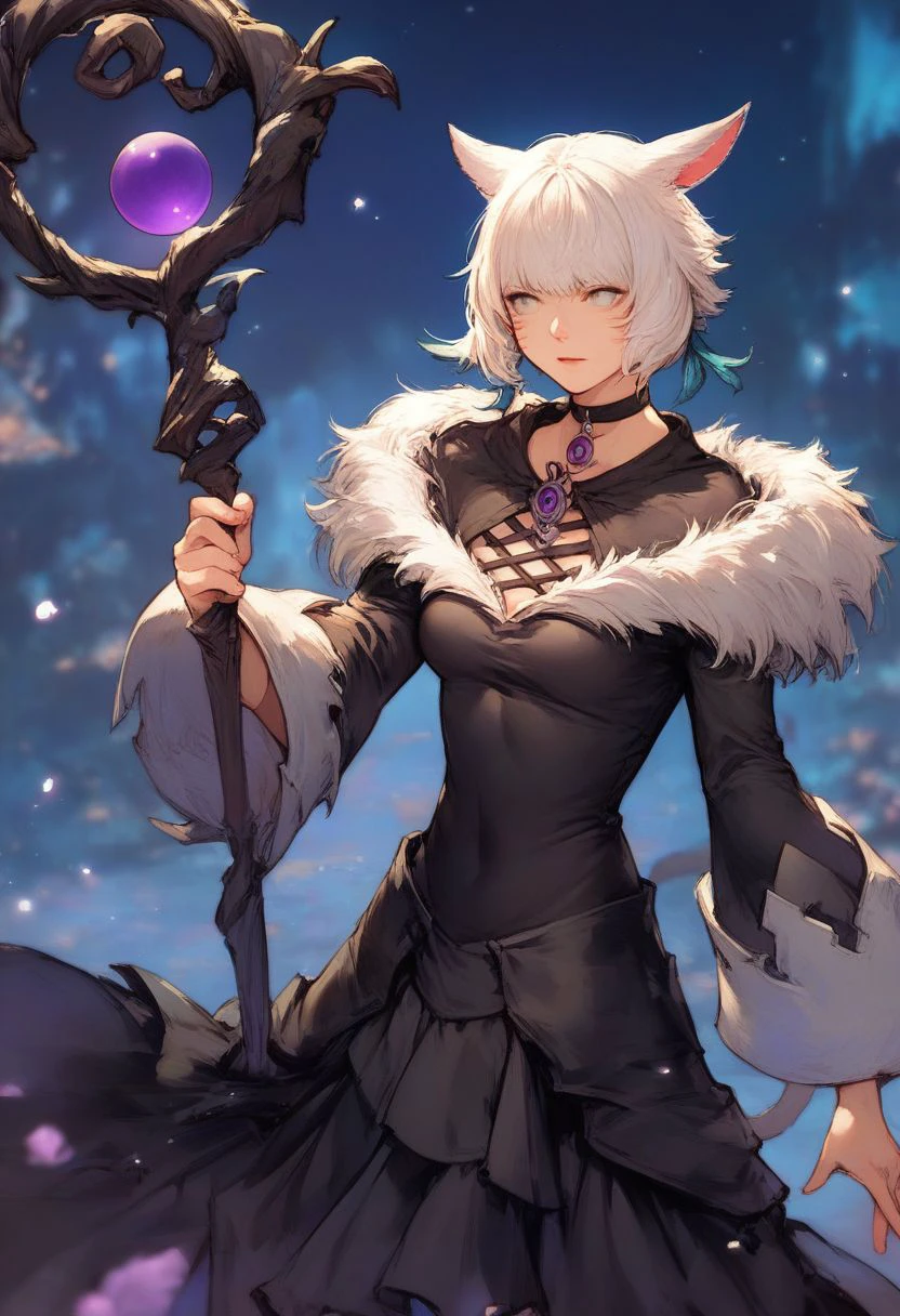 score_9, score_8_up, score_7_up, score_6_up, score_5_up, score_4_up, source_anime,
y'shtola rhul, white hair, short hair, grey eyes,
black choker, black dress, fur trim, 
holding staff, mage staff, magic,
cowboy shot,
outdoors, night, blurry background,
<lora:yshtola_rhul:1>