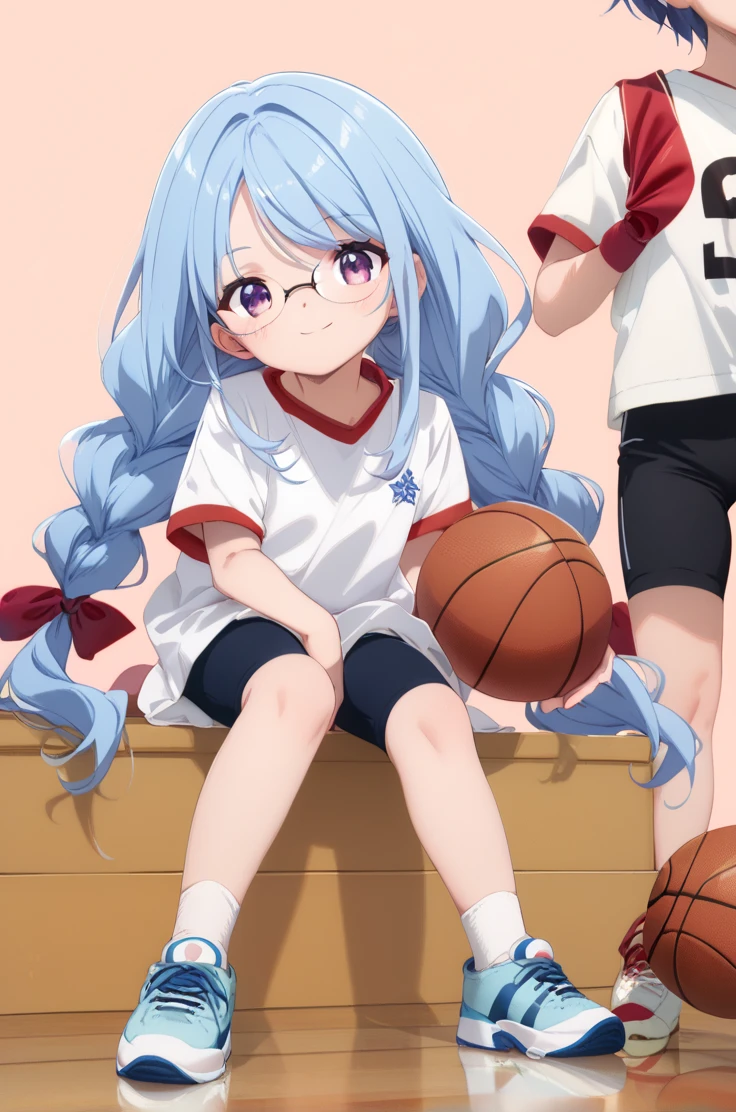 score_9, score_8_up, score_7_up, source_anime,
simple background, blurry background,
cowboy shot, light smile, standing, lookging at viewer, blush,
holding basketball,
<lora:nagatsukaSaki_v01:0.95>
glasses, blue hair, long hair, twin braids, white shirt, bike shorts, sneakers, white socks, bangs, short sleeves, full body, sitting, holding basketball, sakiBase, purple eyes, zPDXL