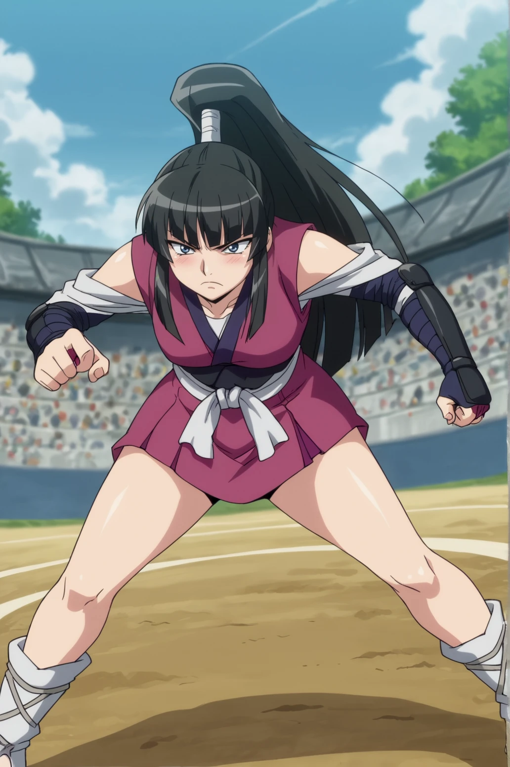 score_9, score_8_up, score_7_up,anime_source, source_anime, best background, detailed background, anime screencap,  Sayama, 1girl, blunt bangs,  japanese clothes, ninja, frown, tsundere, blush, fighting pose, dynamic angle, dynamic camera, outdoors, <lora:JN_Ouka_Sayama:0.8>