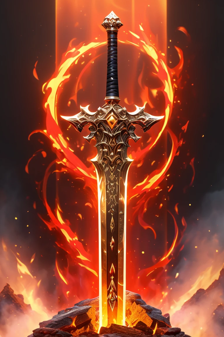 .A majestic golden fire sword decorated with diamonds and fire in a digital art style against a beautiful background, surrounded by fire. flames, red flames, rocks. The artwork is in the style of cinematic style using an unreal engine. SwordDisplay, HD, masterpiece, best quality, hyper detailed, ultra detailed, super realistic