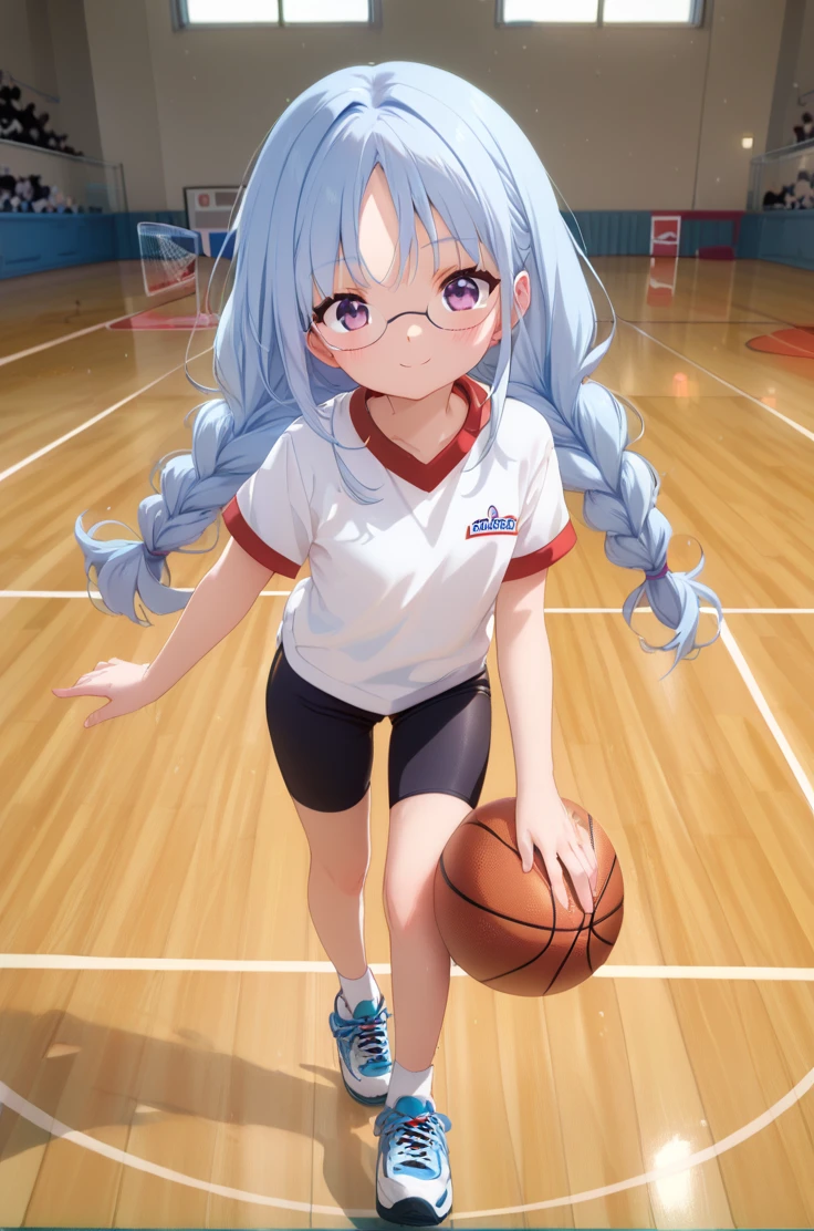 score_9, score_8_up, score_7_up, source_anime,
simple background, blurry background,
cowboy shot, light smile, standing, lookging at viewer, blush, 
holding basketball,
<lora:nagatsukaSaki_v01:0.95>
glasses, blue hair, long hair, twin braids, white shirt, bike shorts, sneakers, white socks, bangs, short sleeves, full body, sitting, holding basketball, sakiBase, purple eyes, zPDXL