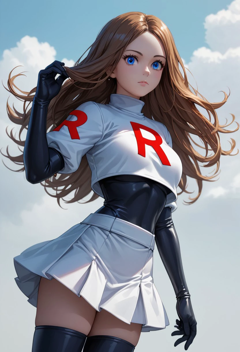 1 girl, solo, mature girl, 18 years old,eye catching, Anime, Anime Style,  score_9, score_8_up, score_8, cute, eyelashes,  (curvy), solo, detailed, eyes,  serena, long hair, blue eyes, brown hair, Cosplay_TeamRocket, team rocket uniform, white jacket, cropped jacket, white skirt, elbow gloves, black thighhighs, zettai ryouiki,, perfect, detailed, score_9, score_8_up