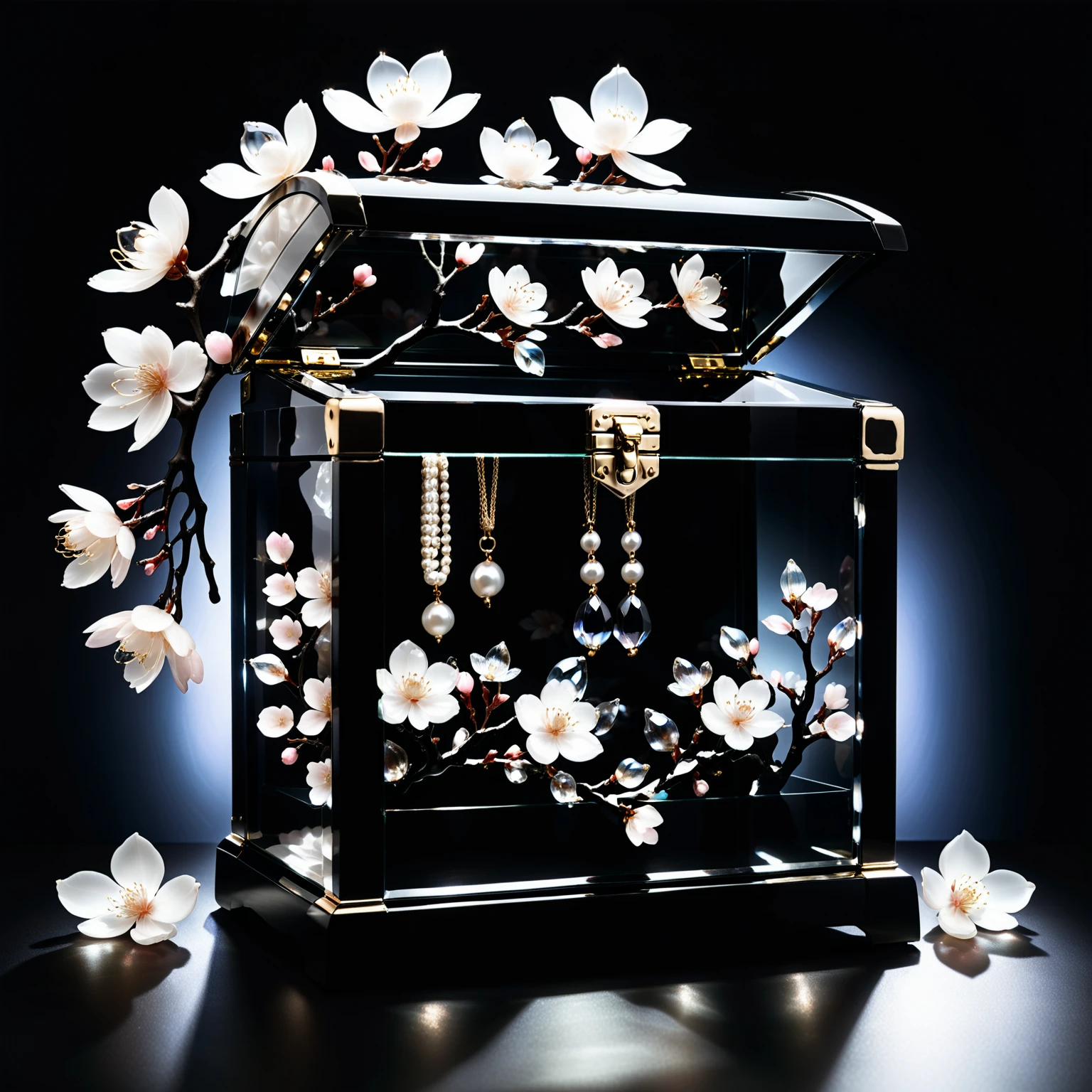 a reij-blckprlglss treasure chest filled with jewelry and cherry blossoms, in a display case made out of reij-blckprlglss <lora:blackpearlglassSDXL-000009:1>, surrounded by petals