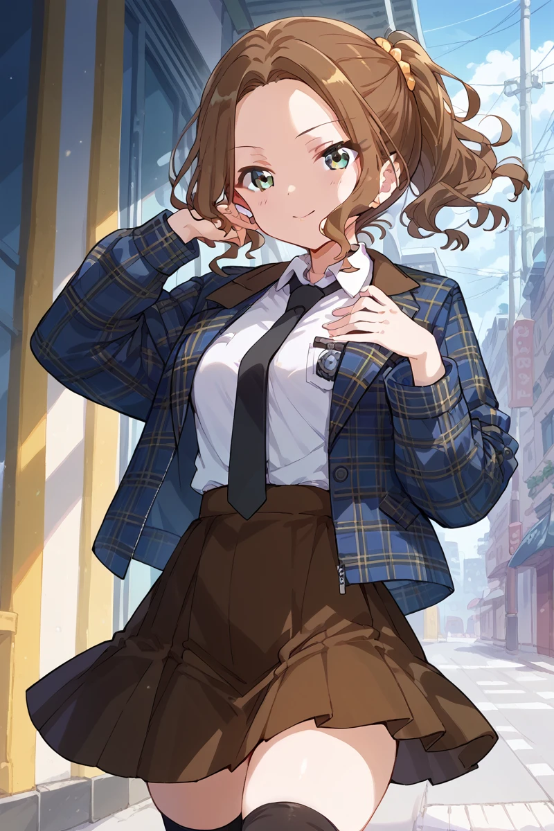 score_9, score_8_up, score_7_up, score_6_up, 1girl,
 <lora:Hisame_Honami:0.9> hisame, solo, black necktie, shirt, brown hair, plaid, skirt, necktie, scrunchie, white shirt, jacket, yellow scrunchie, hair scrunchie, plaid jacket, brown skirt, thighhighs