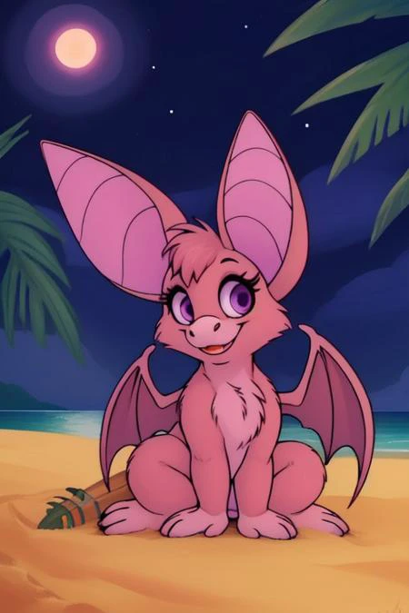 1girl, bat, bat girl, day time, animal ears, bat ears, smile, front view, foxglove bat, big bat wings, summer, night time, big bat wings, happy look, BREAK. feral bat wings, sitting on palm top, (tropical island), detailed background, (sand beach: 1,4), half closed eyes