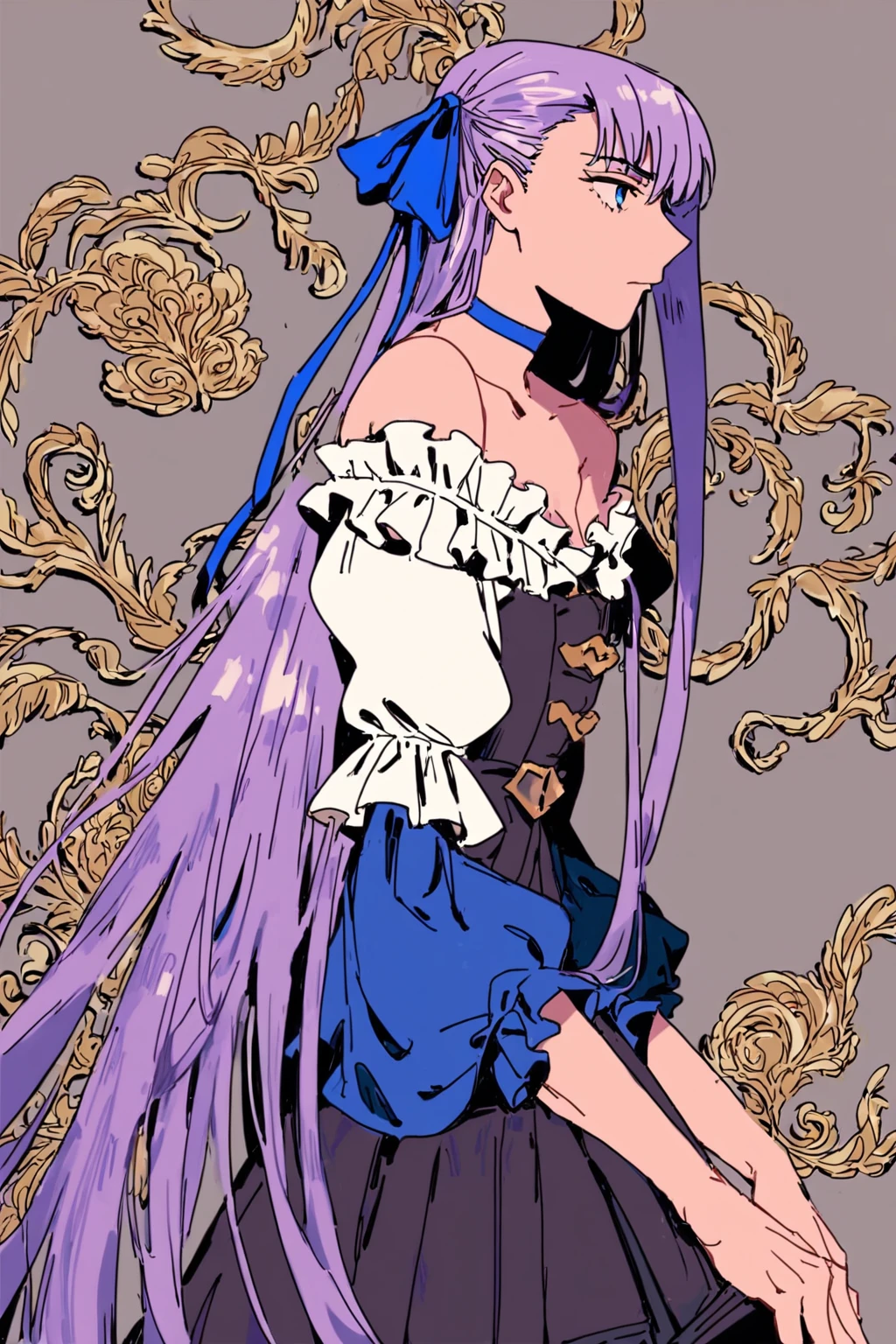 score_9, score_8_up, score_7_up, meltryllis \(fate\), bare shoulders, blue eyes, blue ribbon, choker, frills, hair ribbon, long hair, puffy sleeves, purple hair, ribbon, solo, solo focus, portrait, sepia background, Standing with hands on knees, looking forward, <lora:choo:1>