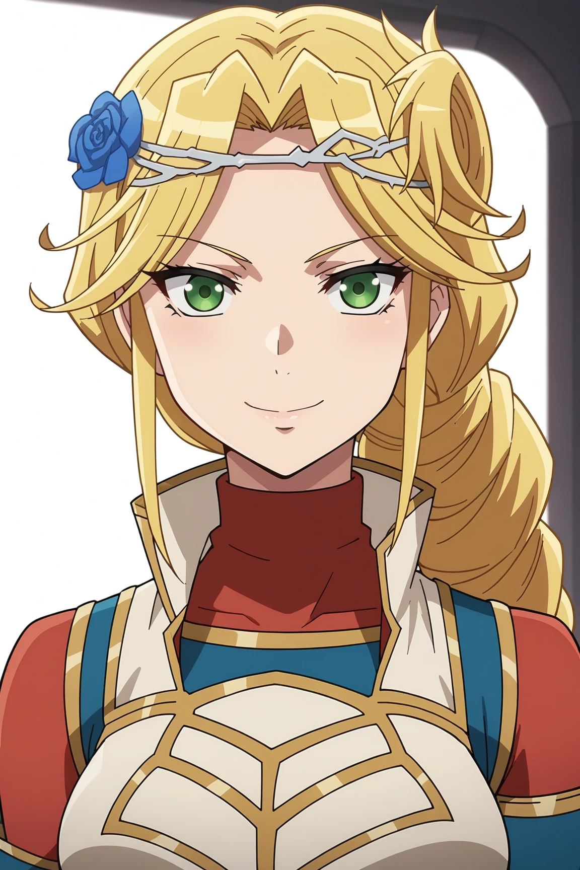 score_9, score_8_up, score_7_up, source anime, prefect lighting, very aesthetic, BREAK, anime screencap, anime coloring,
<lora:lakyus_overlord_v1-pdv6:0.9>, 1girl, lakyus alvein dale aindra, overlord \(maruyama\), blonde hair, green eyes,
lakyusout1, braid, hair flower, hair ornament, gloves, armor, gauntlets, blue flower, 
BREAK, smile, looking at viewer,  close-up, 
BREAK,