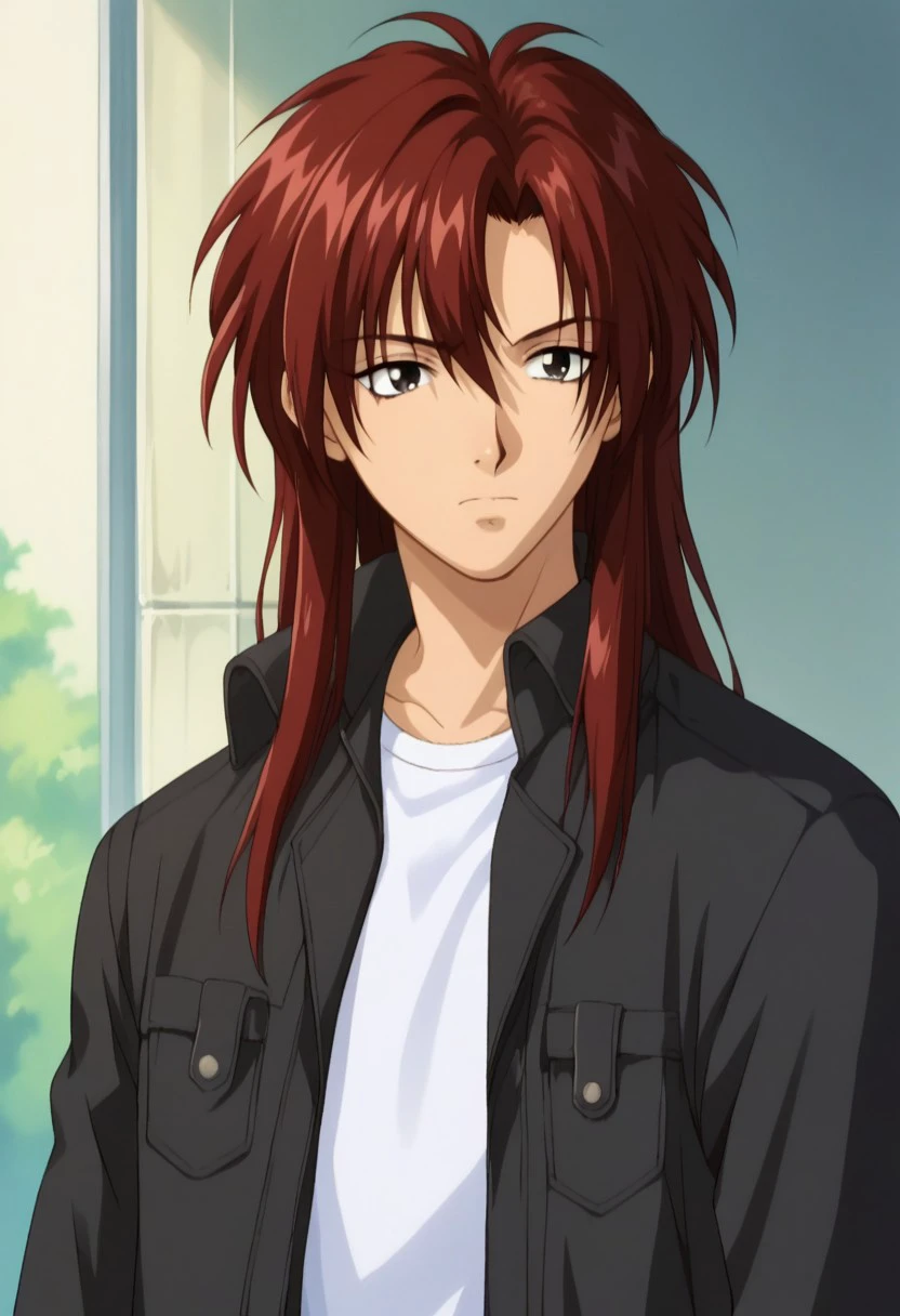 score_9, score_8_up, score_7_up, source_anime, highly detailed, 
HiroshiNakano, 1boy, solo, male focus, black eyes, long hair, shirt, red hair, closed mouth,
white shirt, jacket, black jacket, open jacket, upper body, belt