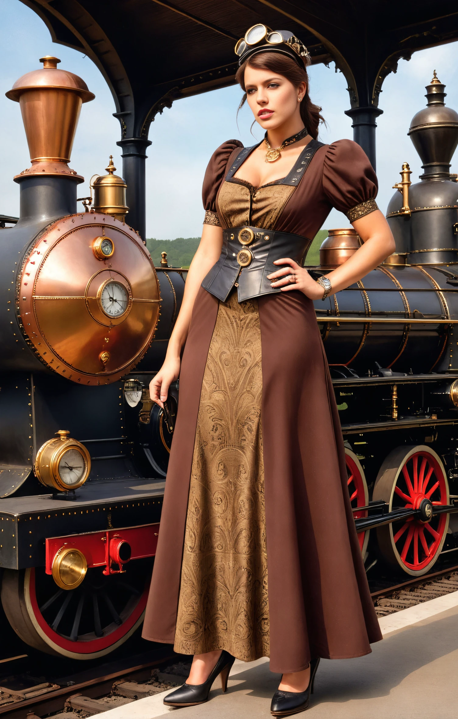 Steampunk style, Photorealism <lora:BettySpencerSDXL-000008:1>, BettySpencerSDXL wearing a leather steampunk maxi-dress, a steampunk train station, masterpiece, award winning photo, ultra detailed, Photorealism, often for highly detailed representation, photographic accuracy, or visual illusion., antique, mechanical, brass and copper tones, gears, intricate, detailed