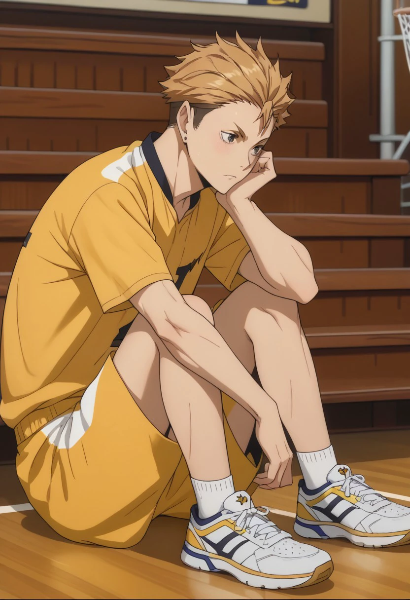 score_9, score_8_up, score_7_up, source_anime, rating_safe, Yujaikyu, 1boy, male focus, anime screencap, yellow Johzenji shirt, yellow Johzenji shorts, white sneakers, sitting,