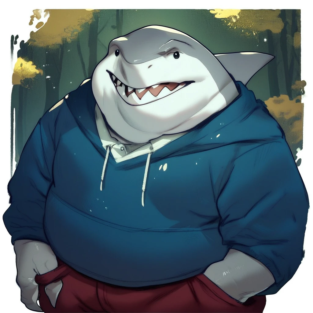 score_9, score_8_up, score_7_up, score_6_up, score_5_up, score_4_up, king shark, shark, anthro, fat, three toes, blue hoodie, burgundy pants, friendly pose, forest background, looking at viewer