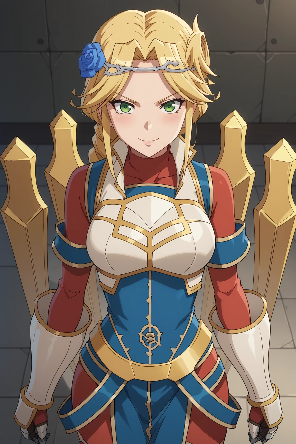 score_9, score_8_up, score_7_up, source anime, prefect lighting, very aesthetic, BREAK, anime screencap, anime coloring,
<lora:lakyus_overlord_v1-pdv6:0.9>, 1girl, lakyus alvein dale aindra, overlord \(maruyama\), blonde hair, green eyes,
lakyusout1, braid, blue flower, hair flower, hair ornament, armor, gloves, gauntlets, white footwear, boots,
BREAK, blush, light smile, looking at viewer, cowboy shot, 
BREAK,