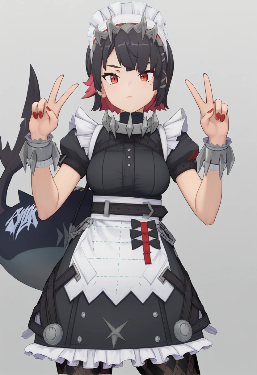 score_9, score_8_up, score_7_up, 1girl, solo, cowboy shot, double v, maid, black dress, argyle thighband pantyhose, wrist cuffs, headdress, metal collar, metal tassels, maid apron, shark tail, tail print, short hair, red eyes, red nails, moles under eye, ellen joe, simple background<lora:ellen joe xl 030:1>