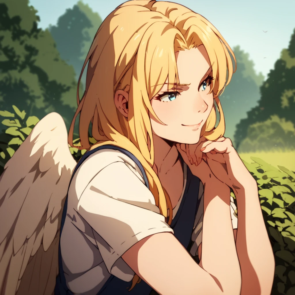 score_9, score_8_up, score_7_up, score_6_up, score_5_up, score_4_up, source_anime,  Filo, blonde hair, bird wings, , smirk, sitting, portrait