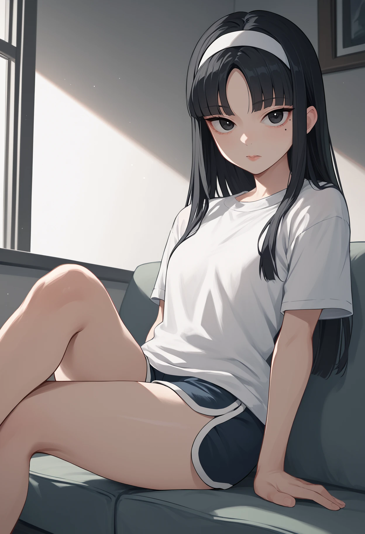 score_9, score_8_up, score_7_up, source_anime BREAK 1girl, solo, <lora:kawakamitomie-junjiito-richy-v1_pdxl:1> kwkm, black eyes, black hair, long hair, blunt bangs, parted bangs, white hairband, mole under eye, white shirt, dolphin shorts, sitting, thighs, indoors