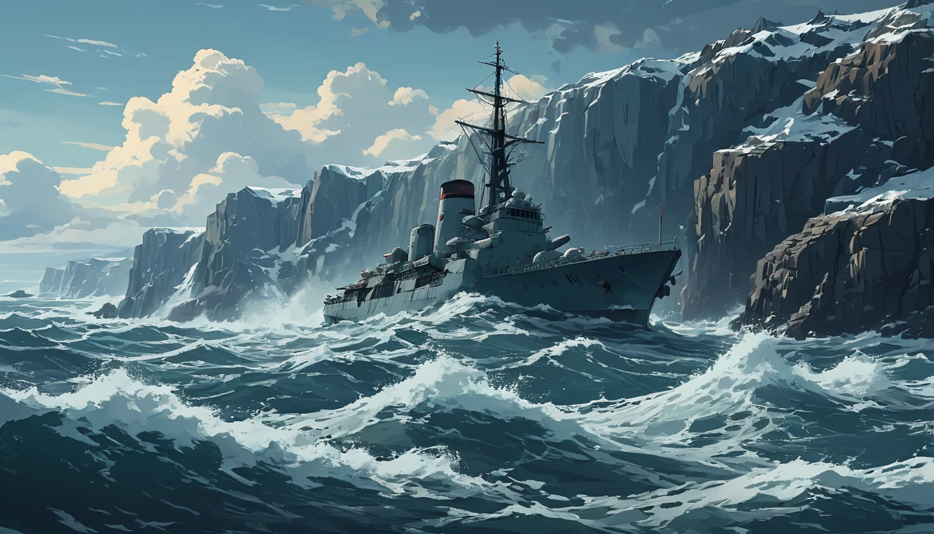 classic airplane carrier navy in the raging ocean near a giant cliff and iceberg, detailed, highres, masterpiece