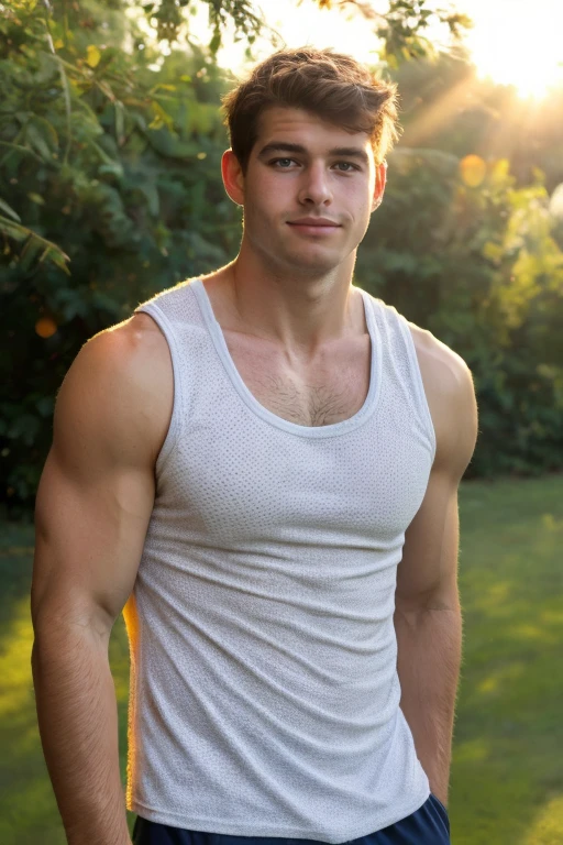 upper body,  High resolution photo  handsome guy, highly detailed, wearing white tank top, outdoors, bokeh background, (look at viewer)  sunlight morning, sunburnt  (smirking:0.4),  freckled skins, detailed skin texture,   <lora:add_detail:0.5>  blued-eyes, detailed eyes, <lora:darelljones:0.7> darelljones, (masterpiece,best quality:1.5)