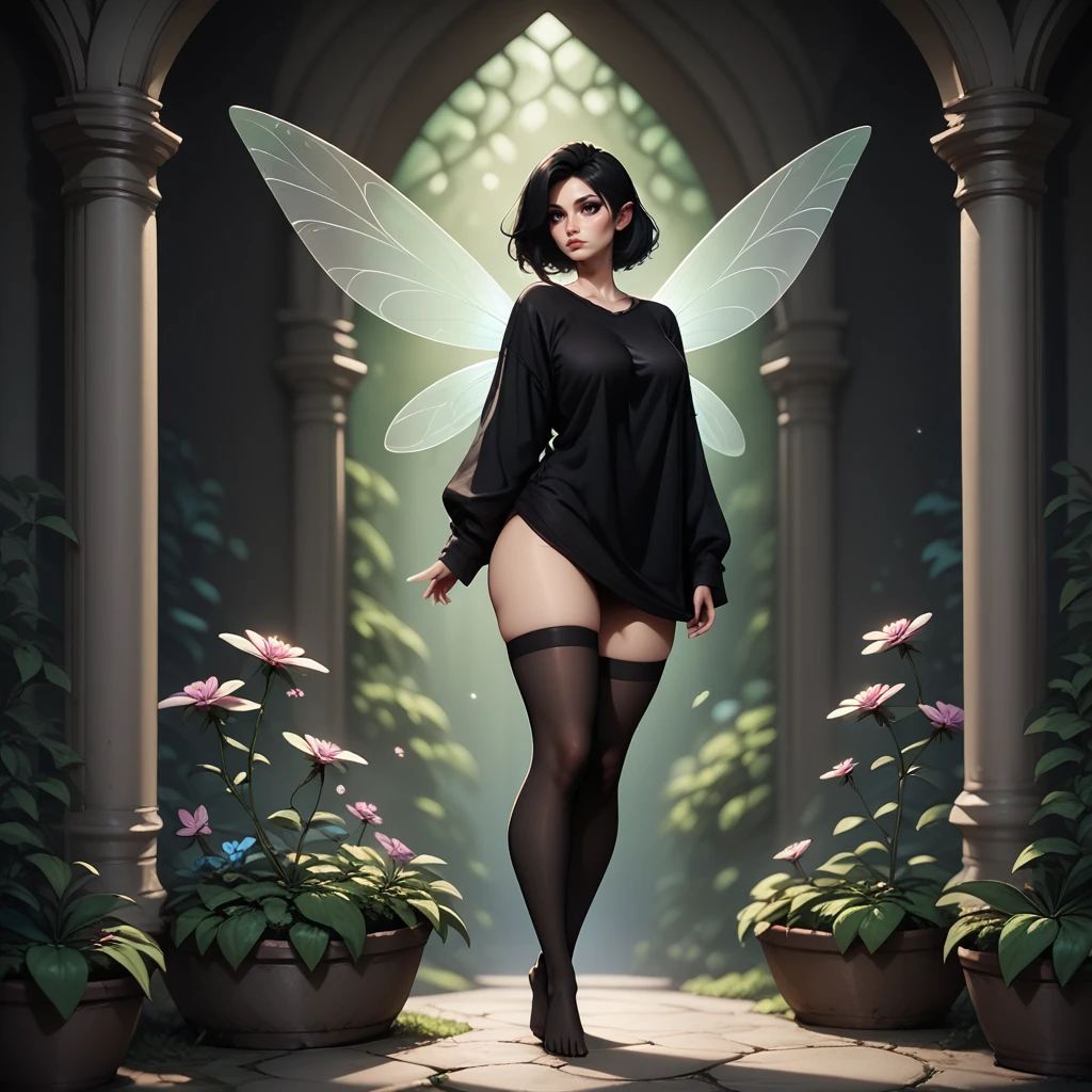 score_9, score_8_up, score_7_up, score_6_up, score_5_up, score_4_up, 1 girl,  fairy, wings, garden,  full body, Jed-ovrszd,  black oversized shirt,  black stockings, long sleeves ,    <lora:Oversized_epoch_3:0.7>