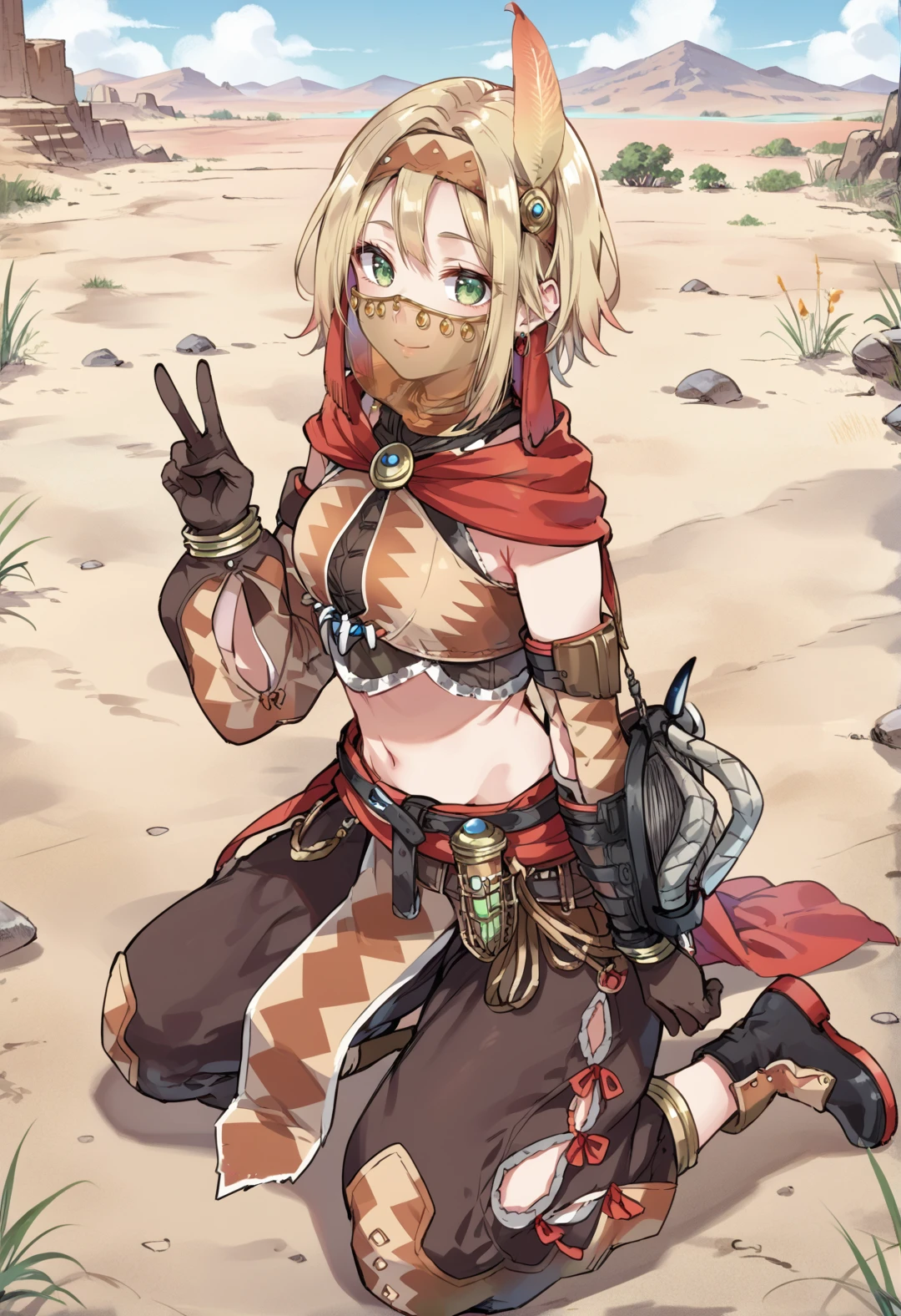 (score_9:0.9),score_8_up,score_7_up,rating_safe,anime style,(zPDXL),<lora:kulu armor ponyXL v1:0.81>,kulu armor,1girl,solo,green eyes,brown veil,smile,looking at viewer,blonde hair,short hair,black baggy pants,brown detached sleeves,full body,feather headband,closed mouth,brown crop top,red cape,brown sandals,kneeling,v,(desert),