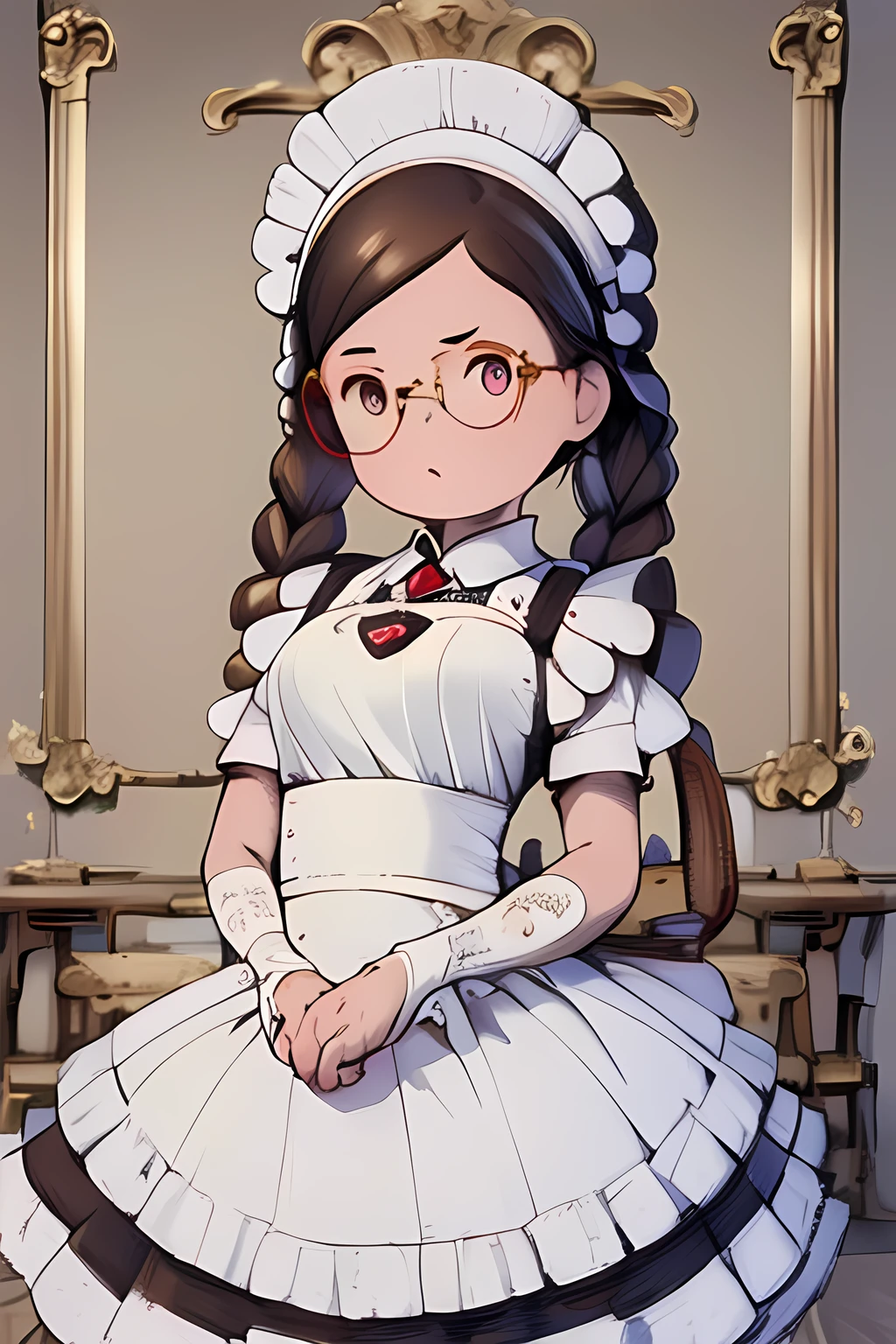 (masterpiece, best quality:1.4), (extremely detailed fine touch:1.2), best quality, expressive eyes, perfect face, perfect hands, perfect fingers (masterpiece), 1girl, maid, apron, maid headdress, brown hair, twin braids, glasses, <lora:styles\Akihiko_Yoshida_Chibi_Style_v2.1.safetensors>