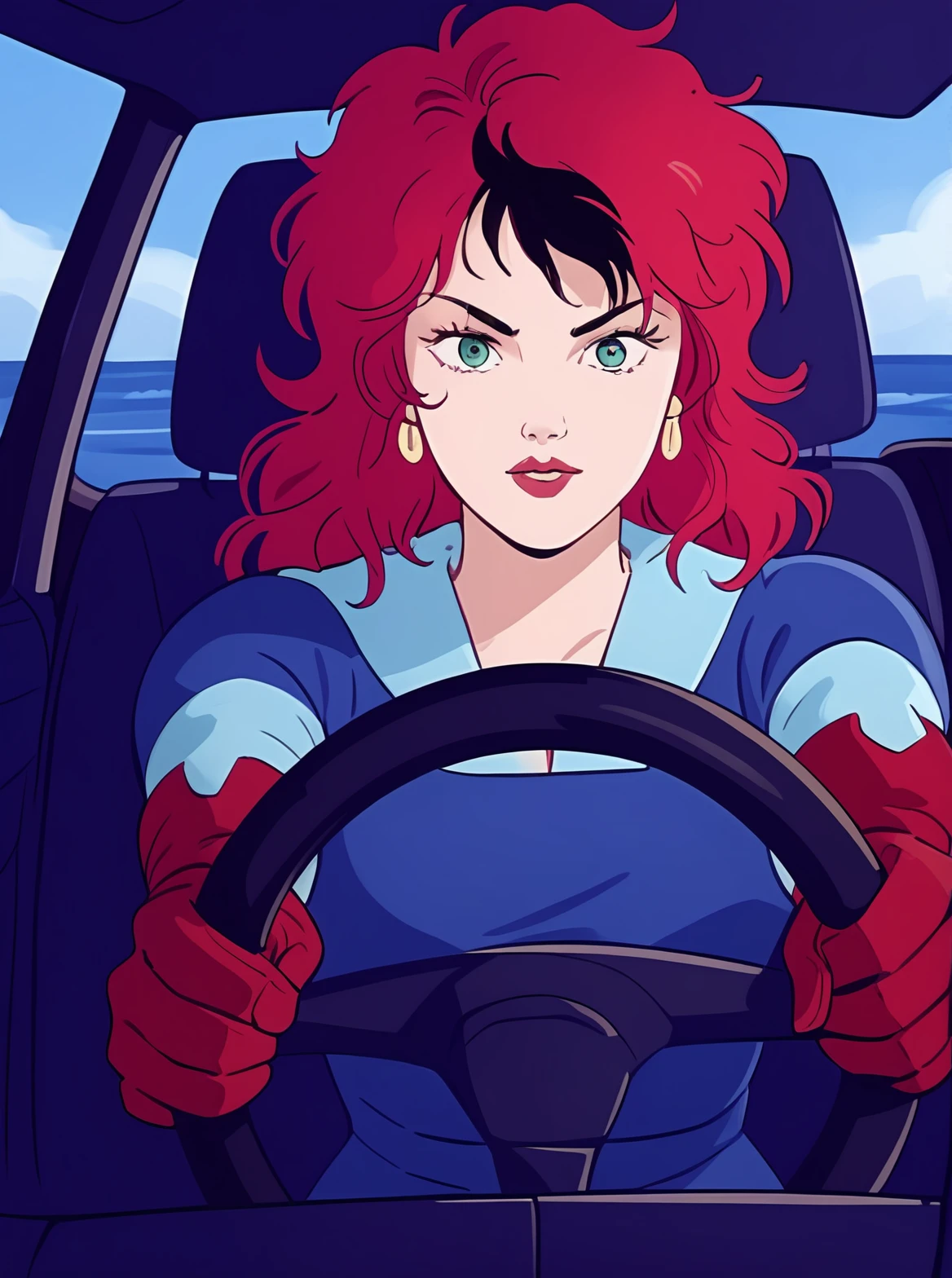 buddr00t, score_8_up, score_7_up, source_manga, rating_safe, <lora:BuddR00tXLP:0.5>, girl, solo, vw4rfi3ld, red hair with black streak, messy hair, green eyes, earrings, blue racing outfit, red gloves, driving a car with steering wheel <lora:Vanessa_Warfield_-_MASK_1985_-_Pony:0.8>