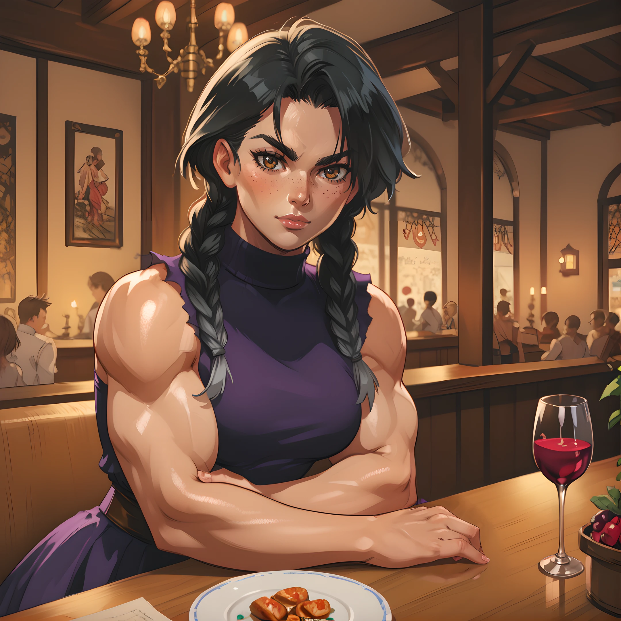 1girl, solo, billie, twin braids, braid, black hair, muscular, muscular female, dress, freckles, brown eyes, looking at viewer, <lora:Billie_-_Sucker_For_Love:0.8>
BREAK
level_9, level_8_up, level_7_up, level_6_up, level_5_up, source_cartoon, masterpiece 
BREAK
dare, evening, candles, restaurant, red wine glass, cozy, sitting behind table