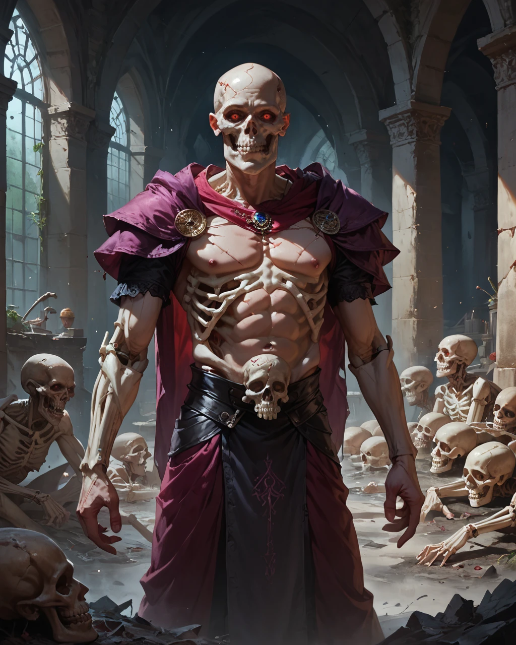 score_9, score_8_up, score_7_up, zPDXL, Ancient skeleton lich with glowing red eyes. Adorned in ornate wizard robes and a black crown, in underground crypt filled with arcane artifacts and flickering purple flames, surrounded by skeltons, skeletons and crypt ruins in background realistic, realism, highly detailed, perfect quality, high quality, photorealistic,,<lora:Expressive_H-000001:0.8>,,<lora:Concept Art Twilight Style SDXL_LoRA_Pony Diffusion V6 XL:0.8>,,<lora:sinfully_stylish_SDXL>,