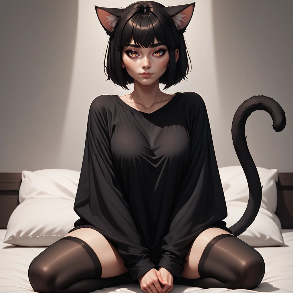 score_9, score_8_up, score_7_up, score_6_up, score_5_up, score_4_up, 1 girl,  catgirl, cattail, miko, sitting on a bed,  full body, Jed-ovrszd,  black oversized shirt,  black stockings, long sleeves ,    <lora:Oversized_epoch_3:0.7>