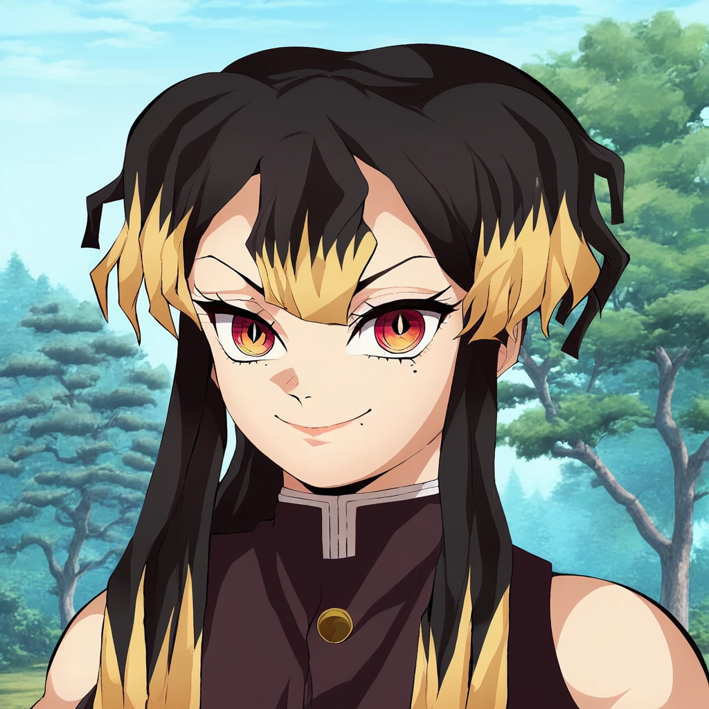 score_9, score_8_up, score_7_up, <lora:Aiko_Hayashi:1>, 1Girl, Solo, looking at viewer, mole under eye, mole, solo, black hair, blonde hair, multicolored hair, smile, red eyes, demon slayer uniform, tree, outdoors, female focus, two-tone hair, bare shoulders, upper body, closed mouth, sleeveless, sidelocks, sky, day, portrait, nature, short hair with long locks, blue sky