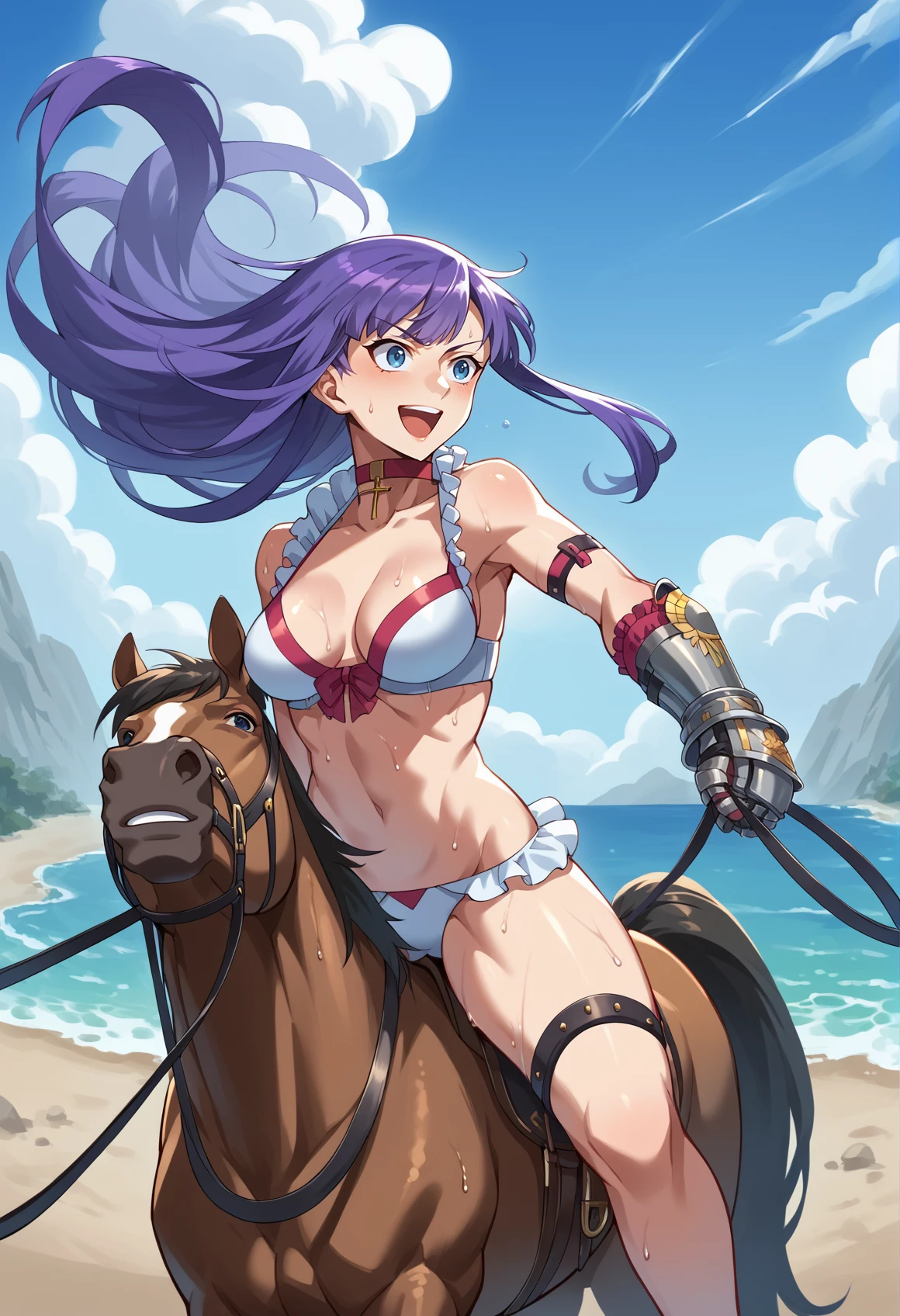 1girl, solo, 1girl, long hair, purple hair, blue eyes, white bikini, frills, choker, cross, gauntlets, thigh strap, horse riding, horse, reins, holding reins, outdoors, beach, sweat, smile, open mouth, dynamic pose, wind <lora:Martha_XL:1>, score_9, score_8_up, score_7_up, score_6_up, score_5_up, score_4_up, BREAK source_anime, masterpiece