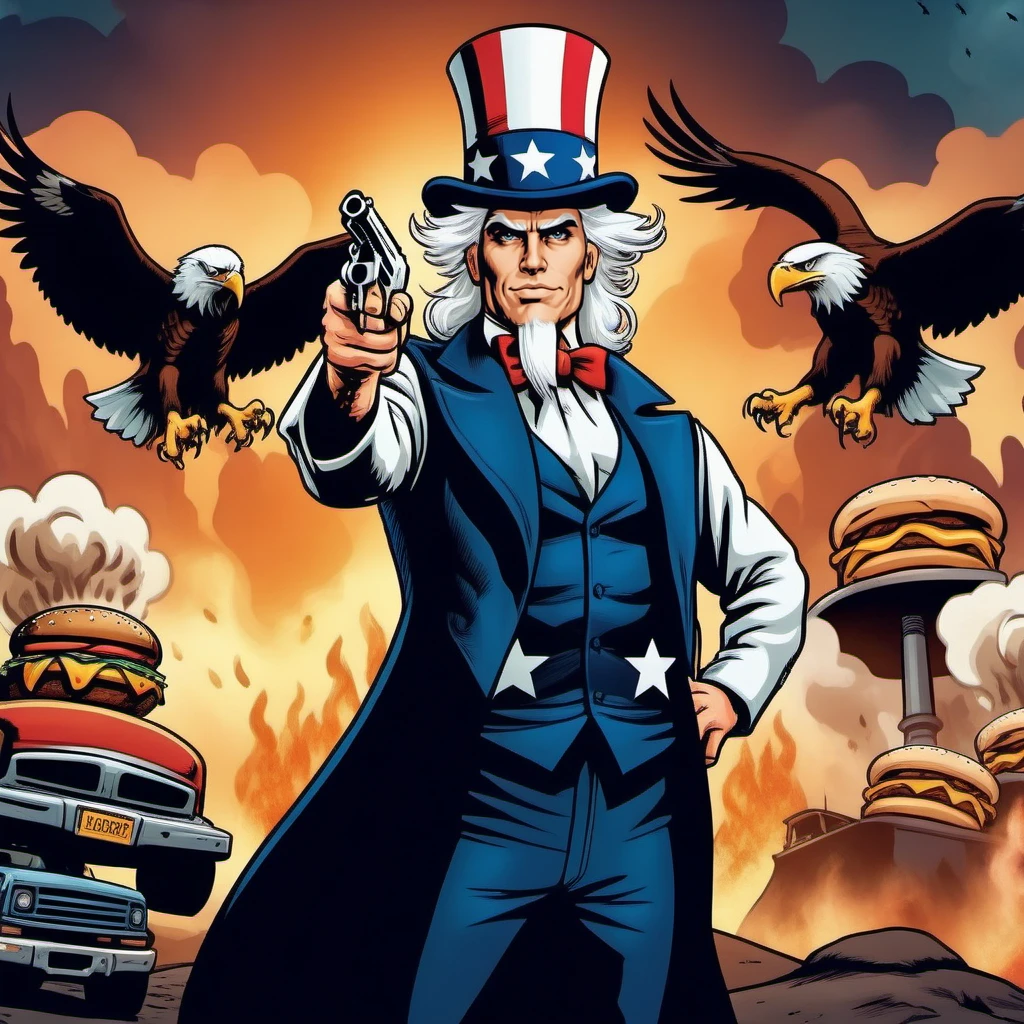 cinematic photo full body portrait of 1boy, top hat, white hair, ((facial hair)),  pointing, guns, eagles, missiles,  monstertruck, oil drilling, smoke, hamburger, french fries, dollar signs, usa <lora:OncleSam:0.8>  . 35mm photograph, film, bokeh, professional, 4k, highly detailed