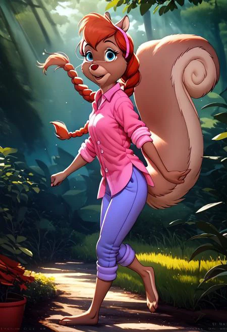 score_9, score_8_up, score_7_up, (best quality:1.1), ultra-detailed, great quality, anthro, high resolution, (((8k))), 1girl, squirrel, squirrel girl, day time, squirrel ears, side view, Tammy Squirrel, natural light, detailed sun rays, summer, braided hair, daytime, looking at viewer, BREAK., highly detailed background, (forest:1,4), fast running like sportsmen, detailed squirrel legs, detailed barefoot, pink shirt, blue pants, highly detailed face, (very detailed face:1.4), fluffy fur