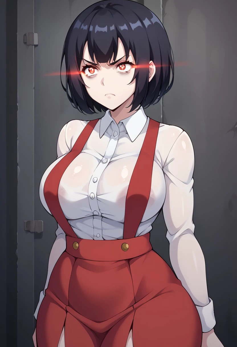 score_9, score_8_up, score_7_up, , shiny skin:0.1, source_anime , deep skin,, high quality, highres, , 1girl, (curvy), ((wide hips)), perky breasts, thick thighs, cute, , sexy, Hanako-san, black hair, short hair, red eyes, bags under eyes, pale skin, glowing eyes, school uniform, white shirt, collared shirt, long sleeves, red skirt, suspenders, big breasts, solo, angry, frown