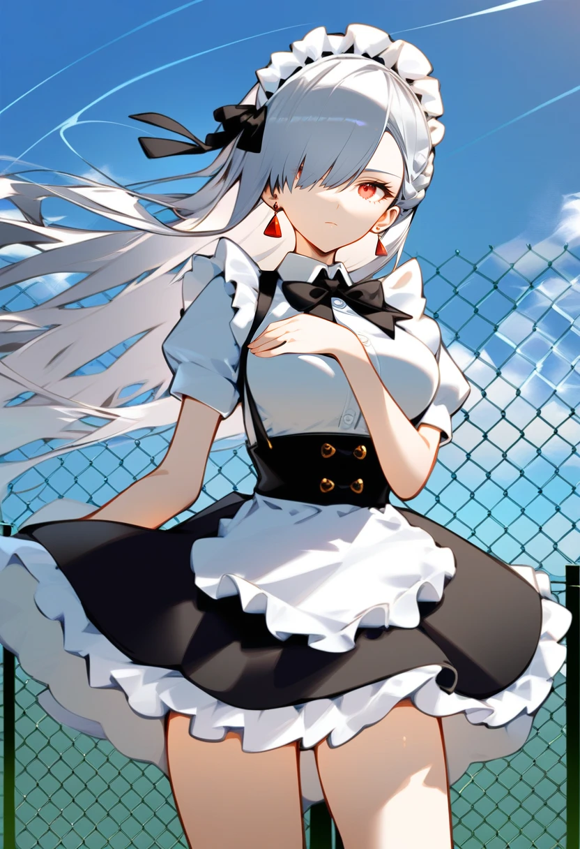 anime,1girl, solo, skirt, red eyes, long hair, maid headdress, shirt, looking at viewer, white shirt, short sleeves, jewelry, breasts, ribbon, frills, sky, earrings, black skirt, cowboy shot, white hair, hand up, black ribbon, blue sky, day, medium breasts, fence, frilled skirt, bow, high-waist skirt, cloud, hair ribbon, arm behindback, grey hair, standing, collared shirt, puffy sleeves, maid, suspenders, closed mouth, bowtie, floating hair, suspender skirt, black bow, wind, braid, thighs, hair over one eye, chain-link fence, masterpiece, best quality, masterpiece, best quality