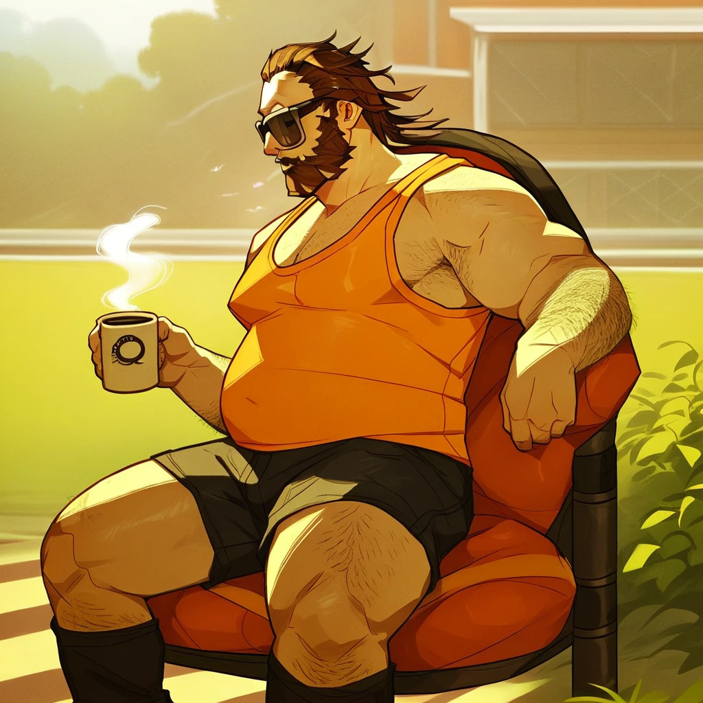 Score_7_up, score_8_up, solo male, apexcaustic, beard, brown hair slicked back, chunky, short shorts, tank top, sunglasses, sitting on lawn chair, holding steaming cup of coffee, backyard setting, suburban background,