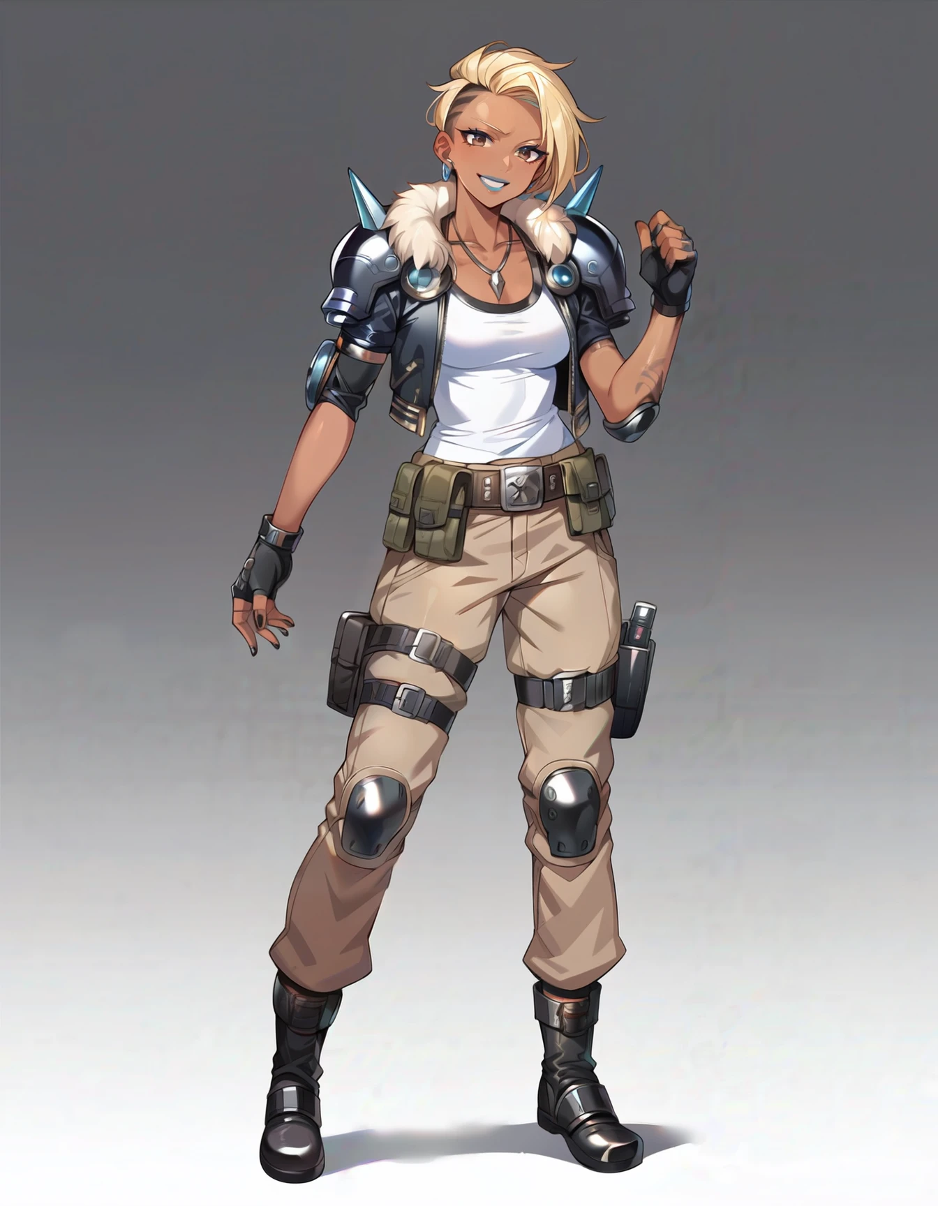 score_9,score_8_up,score_7_up,score_6_up,dark background,1girl,solo,black fingerless gloves,camouflage pants,belt,dark skin,black boots,black jacket,blonde hair,full body,standing,smiling,looking at viewer,open hand,grey tank top,pouch,dark-skinned female,earrings,arm tattoo,shoulder spikes,fur trim,knee pads,makeup,blue lips,black nails,undercut,brown eyes,hair behind ear,necklace,short hair,shoulder armor,elbow pads,eyeshadow,pauldrons,     <lora:MyTrainings\Temp\Mad_Maggie_Original_XL_Pony_ARZUMATA.safetensors:0.5>