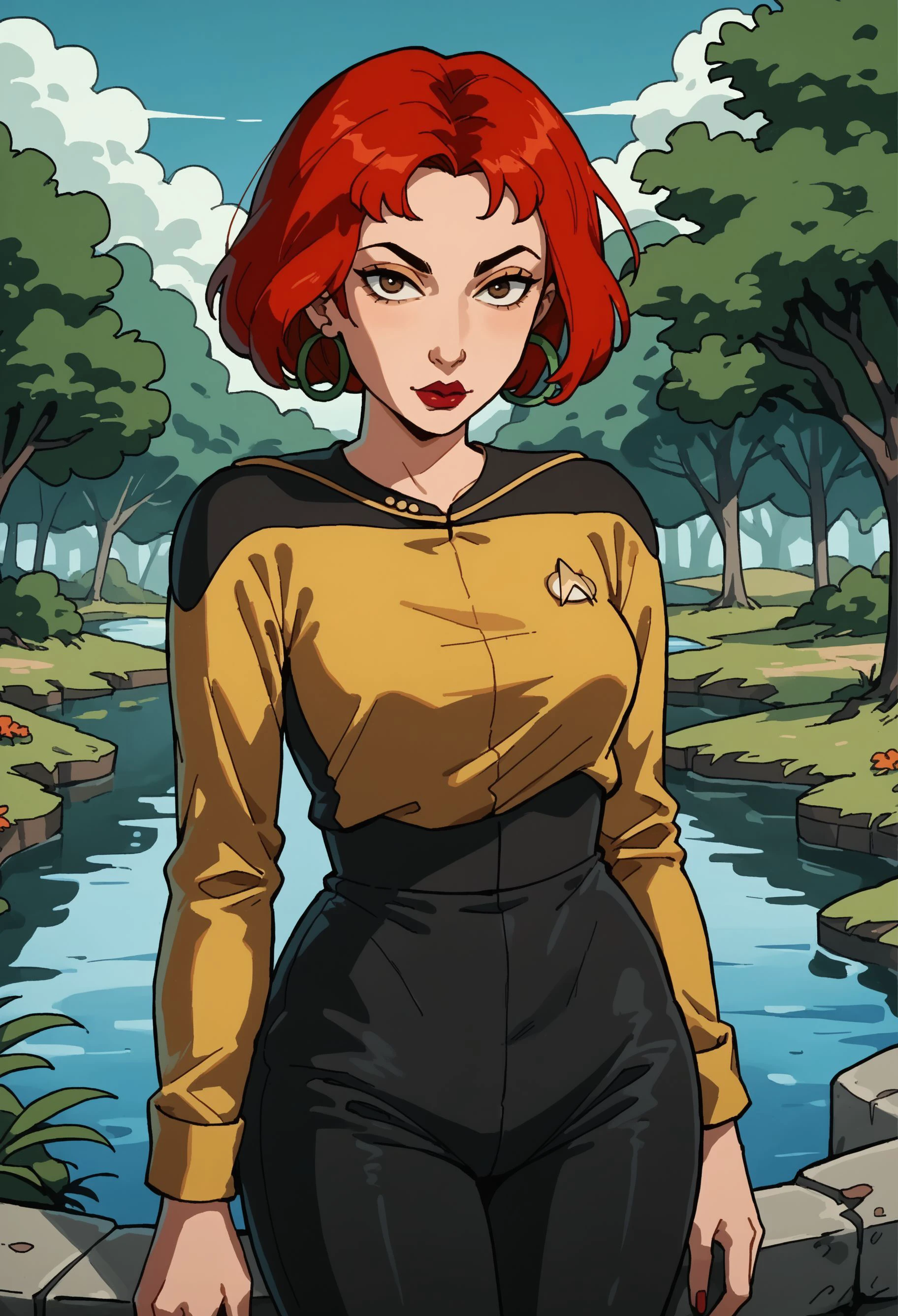 score_9, score_8_up, score_7_up, score_6_up, score_5_up, score_4_up, 1girl, red hair, short hair, hoop earrings, makeup, medium breasts, narrow waist, looking at viewer, wide hips,village scenery,trees,lake, <lora:Laura_Dr_Katz:1>
sttng1,star trek yellow uniform,black shoulders,black pants,long sleeves
,<lora:TNGS1-000030>