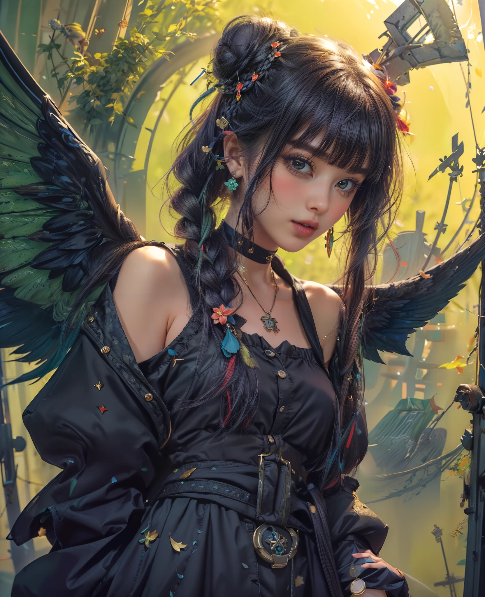 1girl, badge, bangs, black_ribbon, blue_background, blunt_bangs, choker, cross_necklace, demon_wings, double_bun, earrings, hair_ornament, kaguya_luna, long_hair, long_sleeves, looking_at_viewer, mini_hat, multicolored_hair, open_jacket, parted_lips, petals, pointing_at_viewer, portrait, shirt, simple_background, solo, twin_braids, twintails, weapon
 <lora:Urban_Killer_Style:1> urban_killer_style