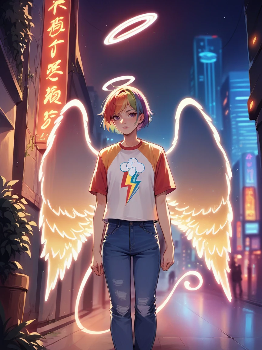 score_9, score_8_up, score_7_up, score_6_up, score_5_up,  source_anime,  <lora:n30nw1ngsXLP2:0.8> n30nw1ngs, neon light wings, wings, angel, cityscape, jeans, t-shirt, rainbow, halo,