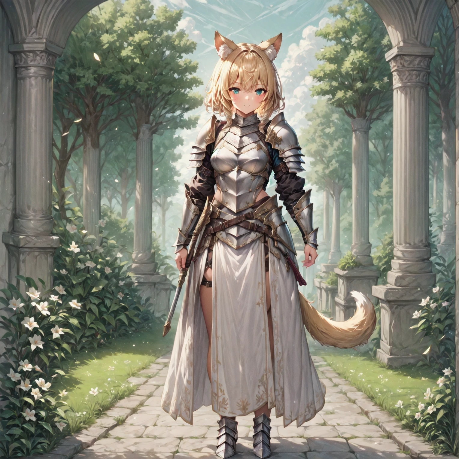 1girl, knight, armor, outside, forest, full body, looking at viewer, smile, animal ears, tail, blonde hair, <lora:Beastfolk_SD_1.5_r1:1>, very detailed, <lora:more_details:0.6>, high quality, highres, masterpiece, best quality, 8k, intricate, detailed, <lora:add_details_xl:0.6>, <lora:sinfully_stylish_SDKL:0.5>, <lora:nudify_xl_lite:0.5>, <lora:epiCRealismHelper:0.5>, <lora:NsfwPovAllInOneLoraSdxl:0.5>, <lora:JuggerCineXL2:0.5>